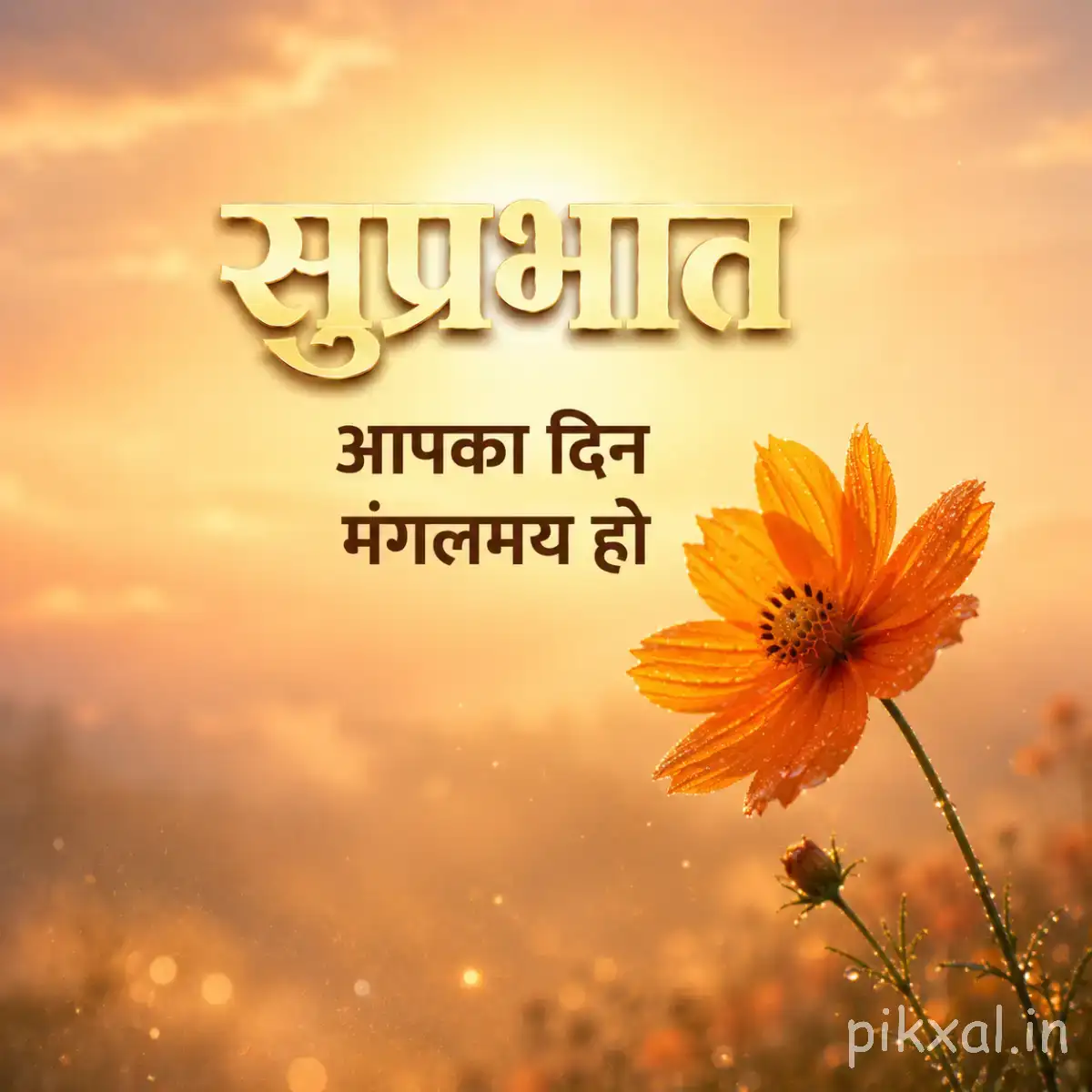 Single orange flower with layered petals on a slender stem against a glowing sunrise sky with a Hindi Good Morning wish