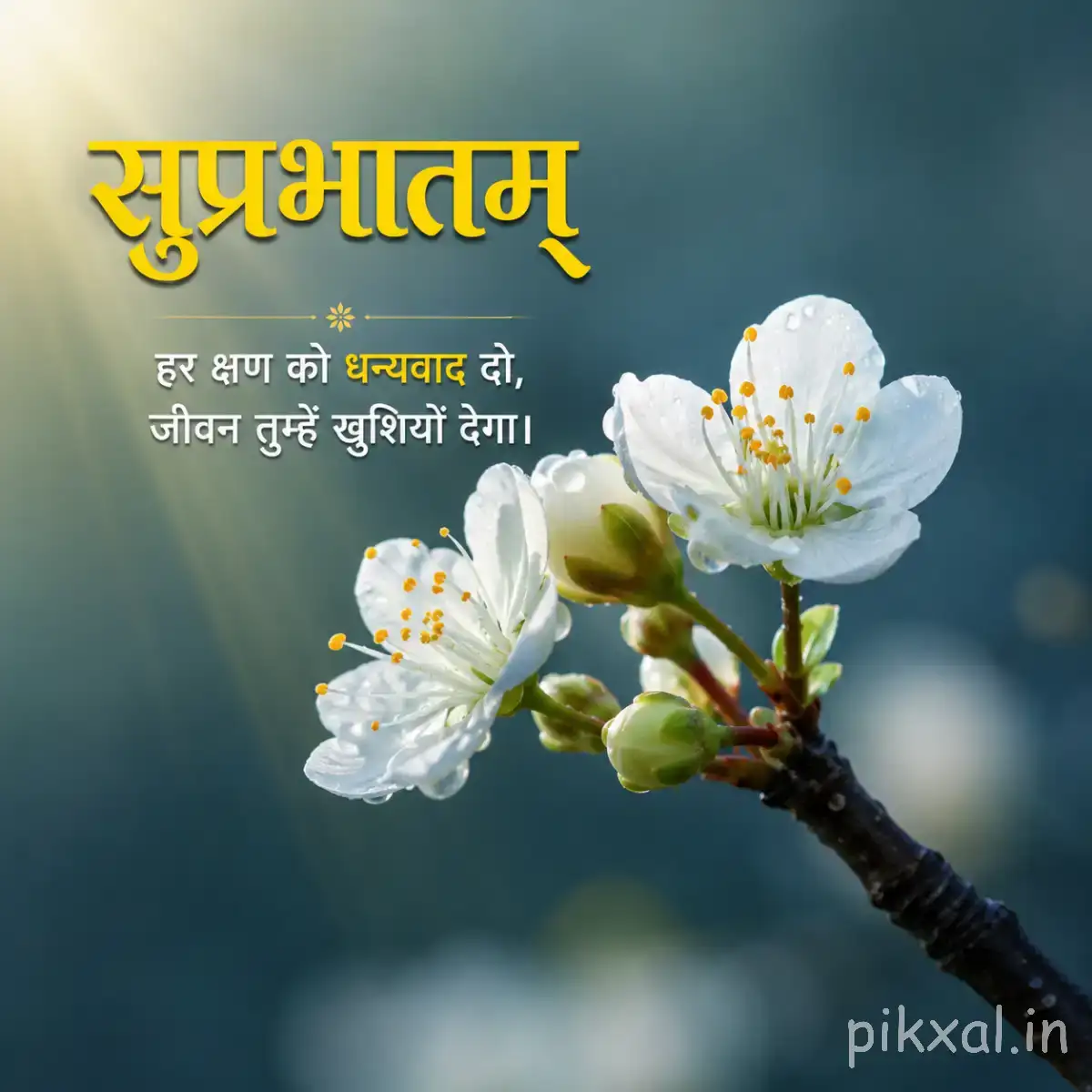 White flowers with yellow centers on a flowering branch against a blue-green blurred background with a Hindi morning wish