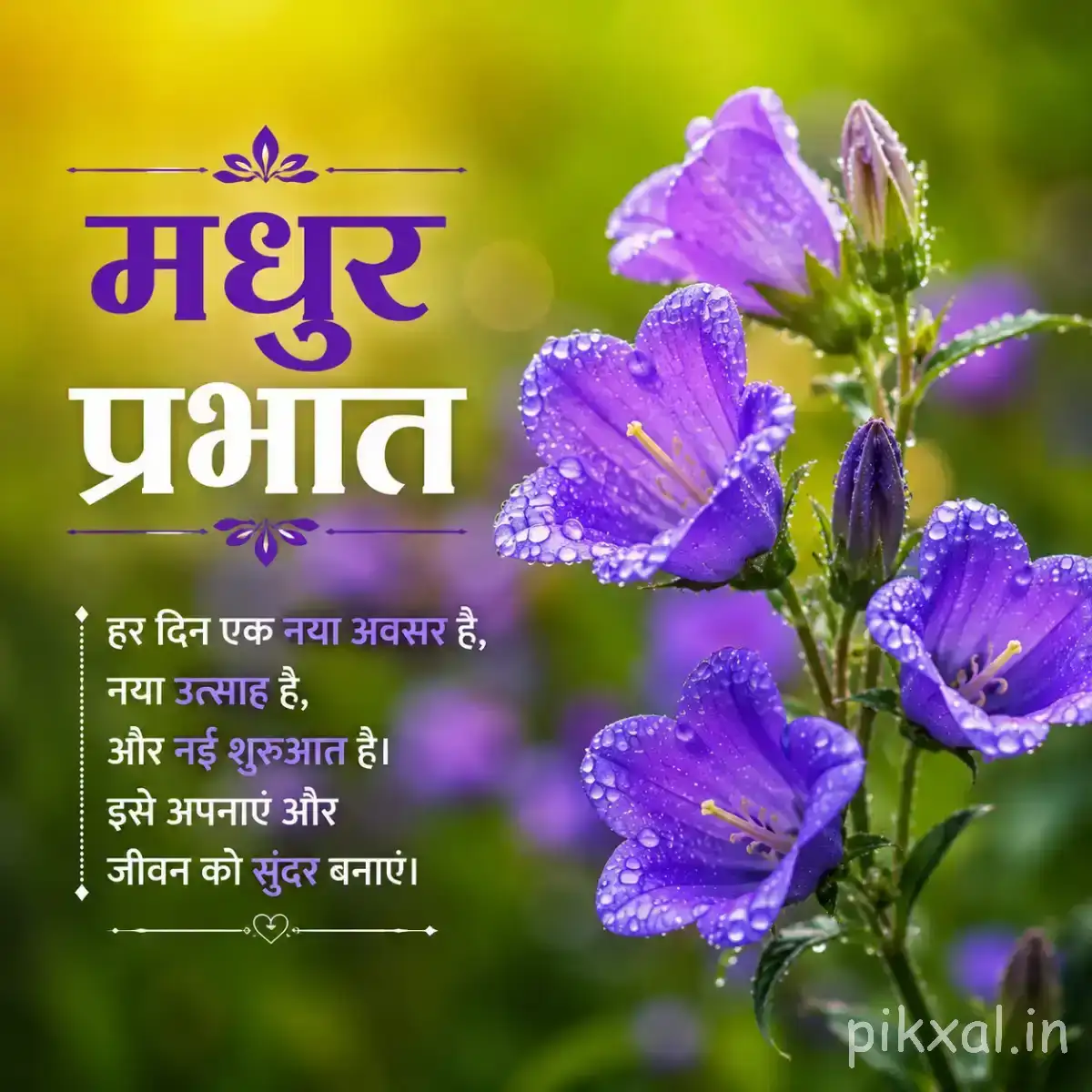 Cluster of purple flowers with green stems and foliage against a softly blurred background with a Hindi morning message