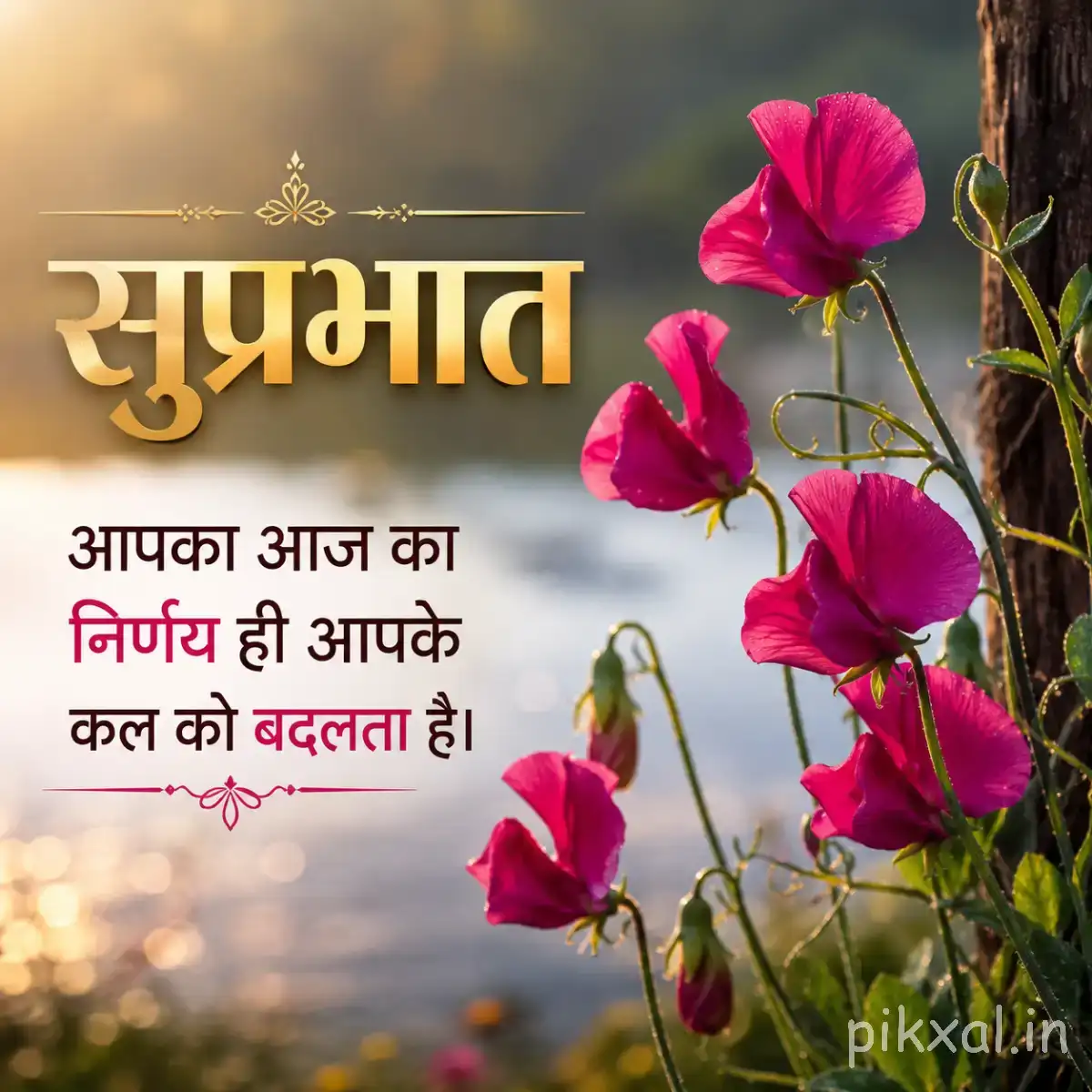 Several pink flowers with rounded petals on slender stems against a warm blurred background with a Hindi Good Morning wish