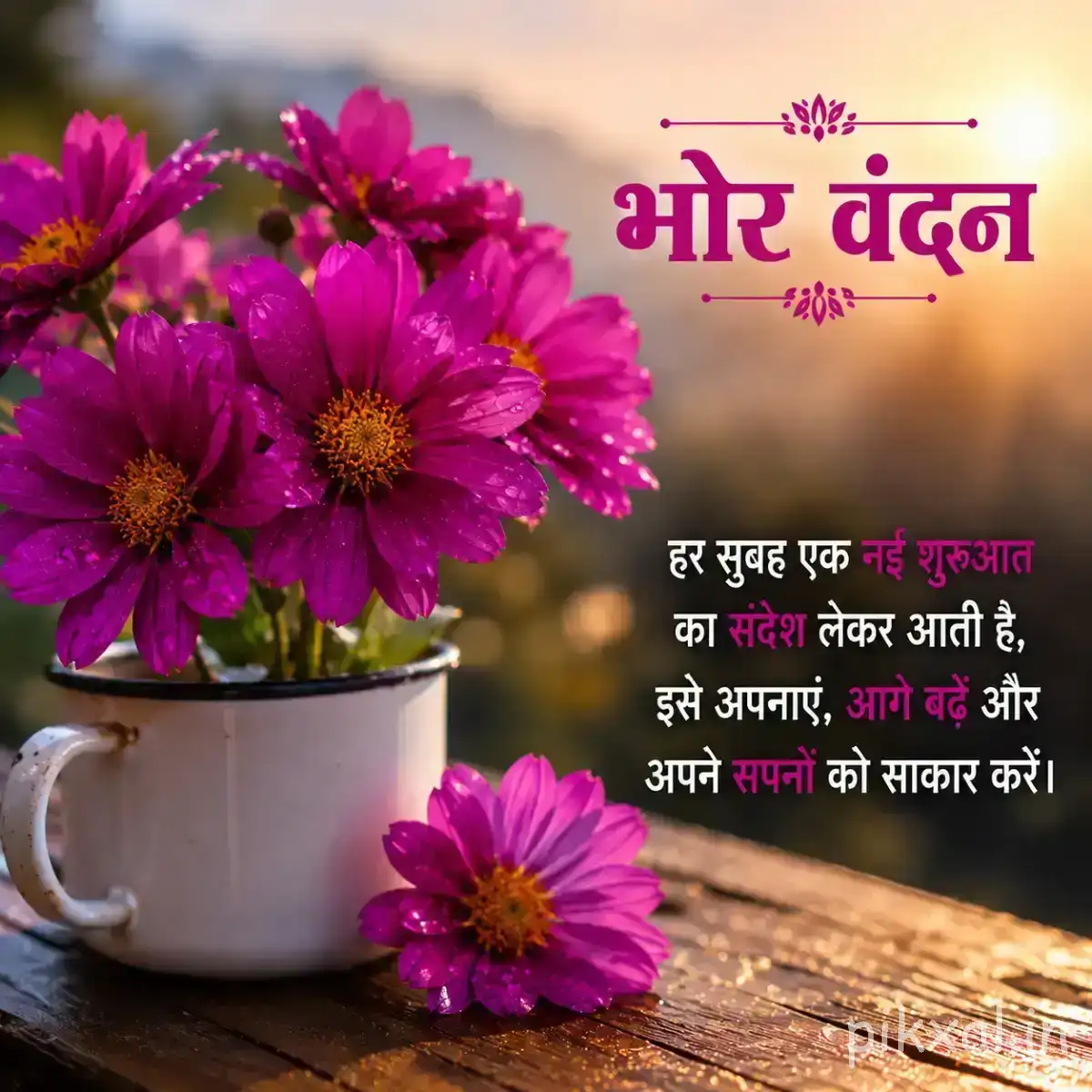 Cluster of deep pink flowers in a white cup with one fallen flower on a wooden surface and a Hindi morning wish