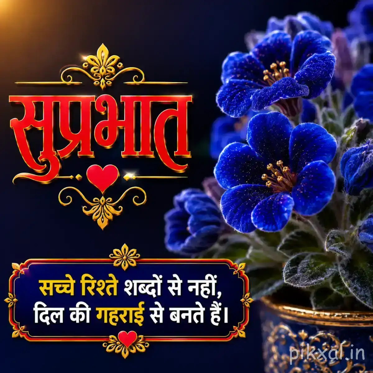 Blue flowers with layered petals against a dark background and a Hindi Good Morning wish