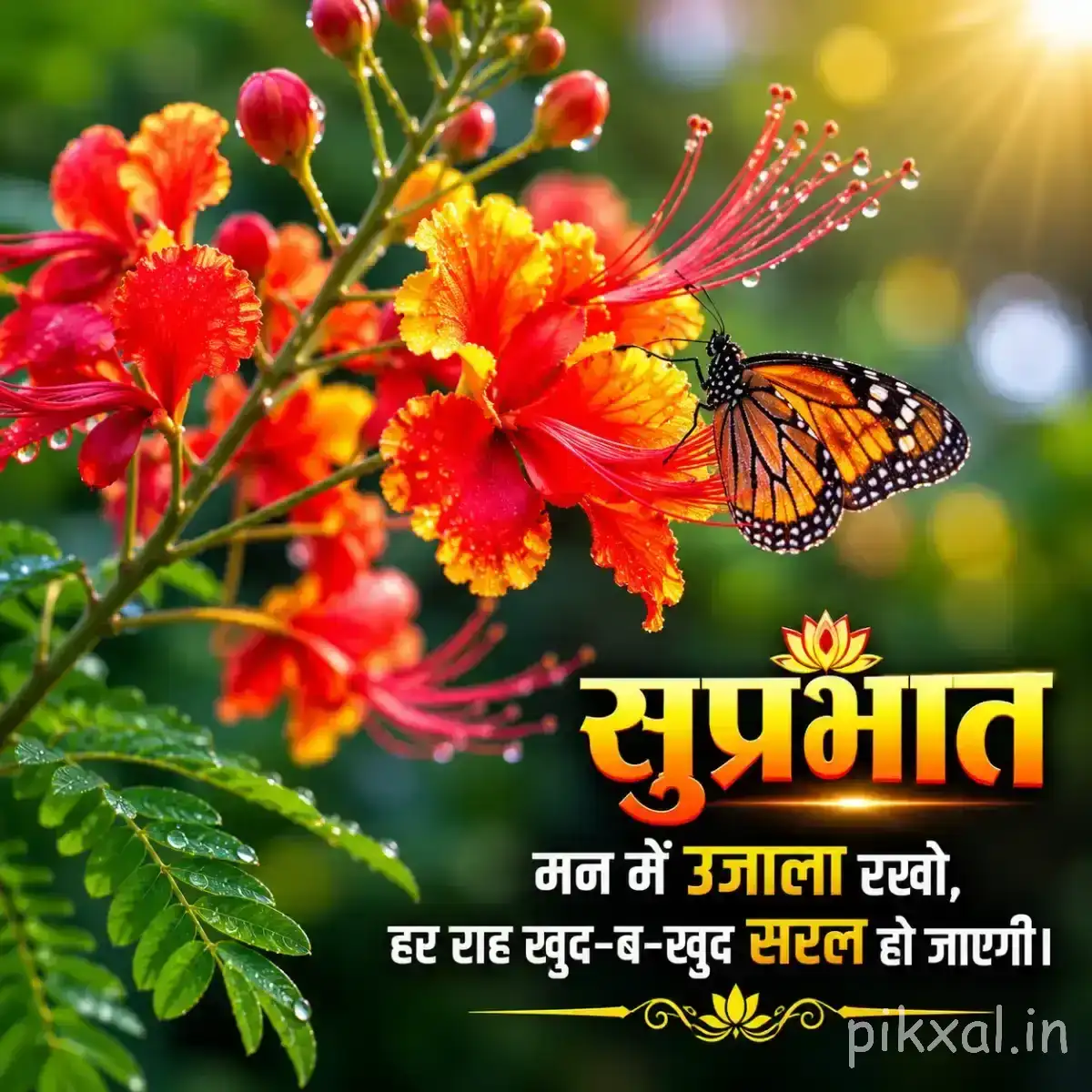 Orange-red flowers clustered along a leafy branch with a butterfly and a Hindi Good Morning message