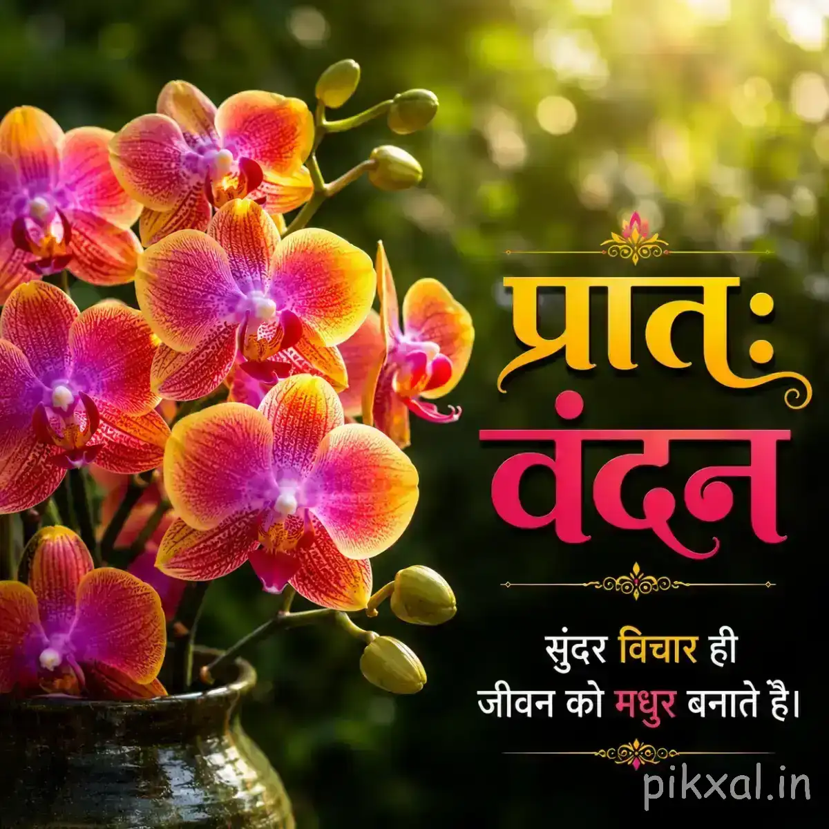 Pink, orange, and yellow flowers with rounded petals and green buds against a softly blurred background