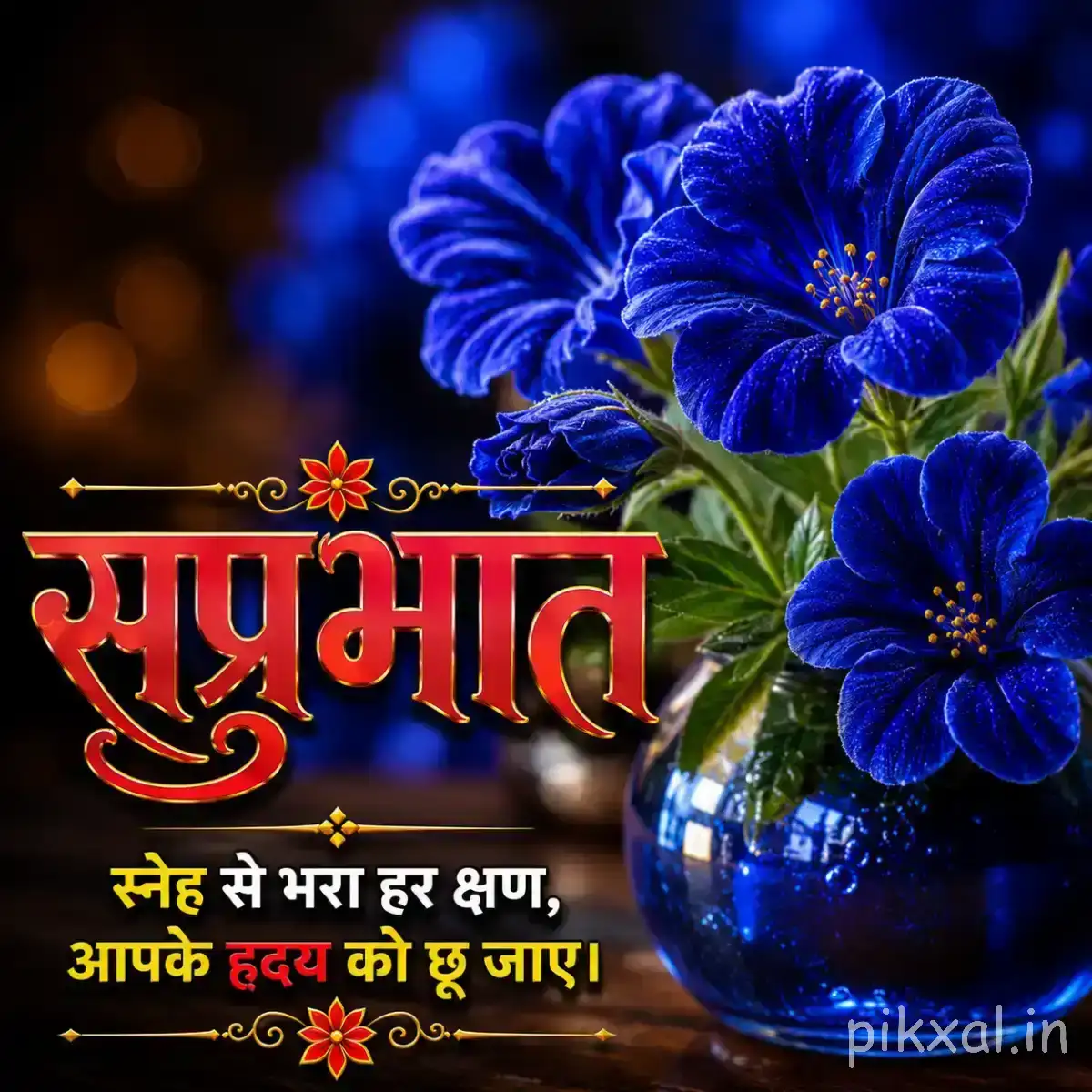 Deep blue layered flowers with green leaves against a dark glowing background and a Hindi Good Morning wish