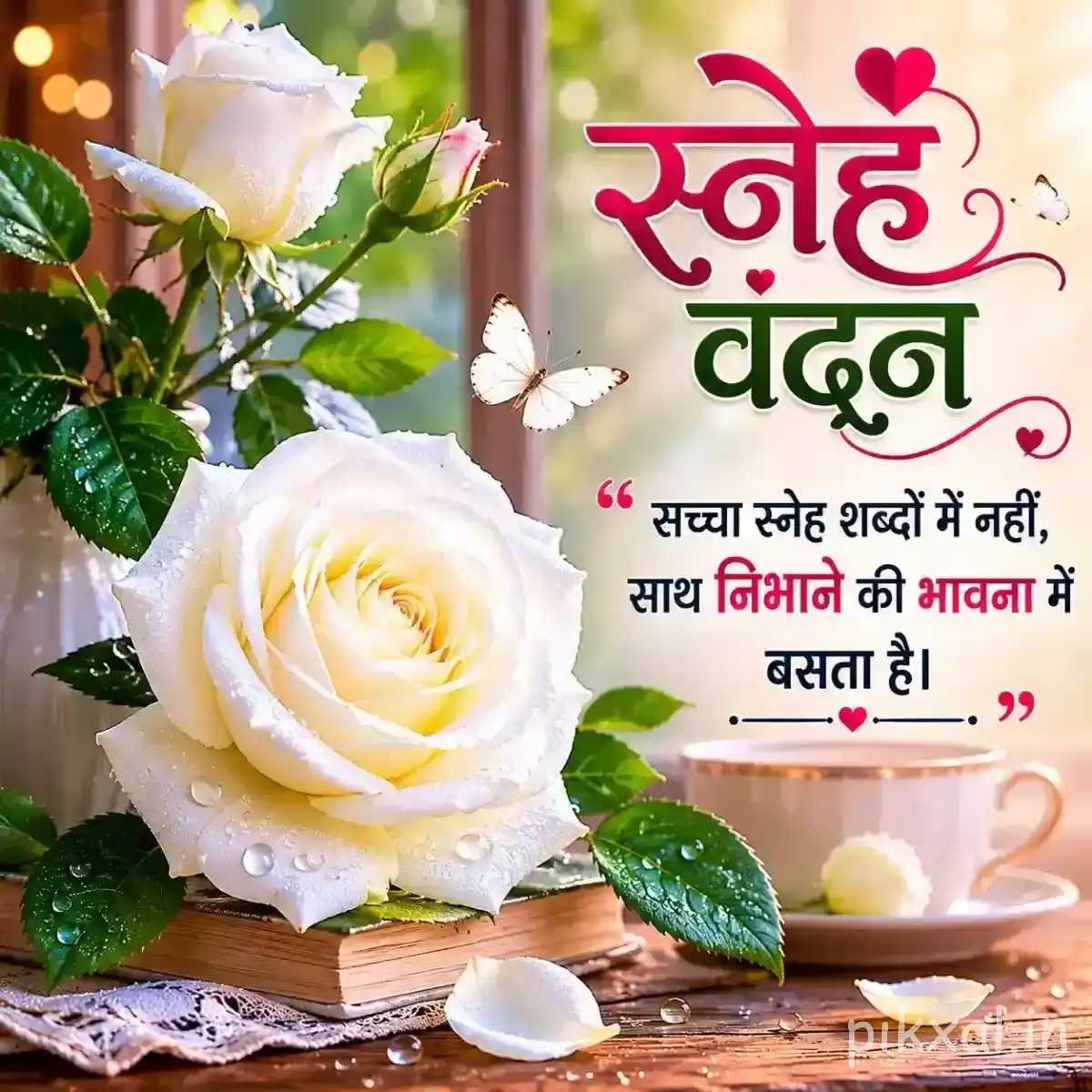 White layered flower with green leaves beside a Hindi morning message and small decorative hearts