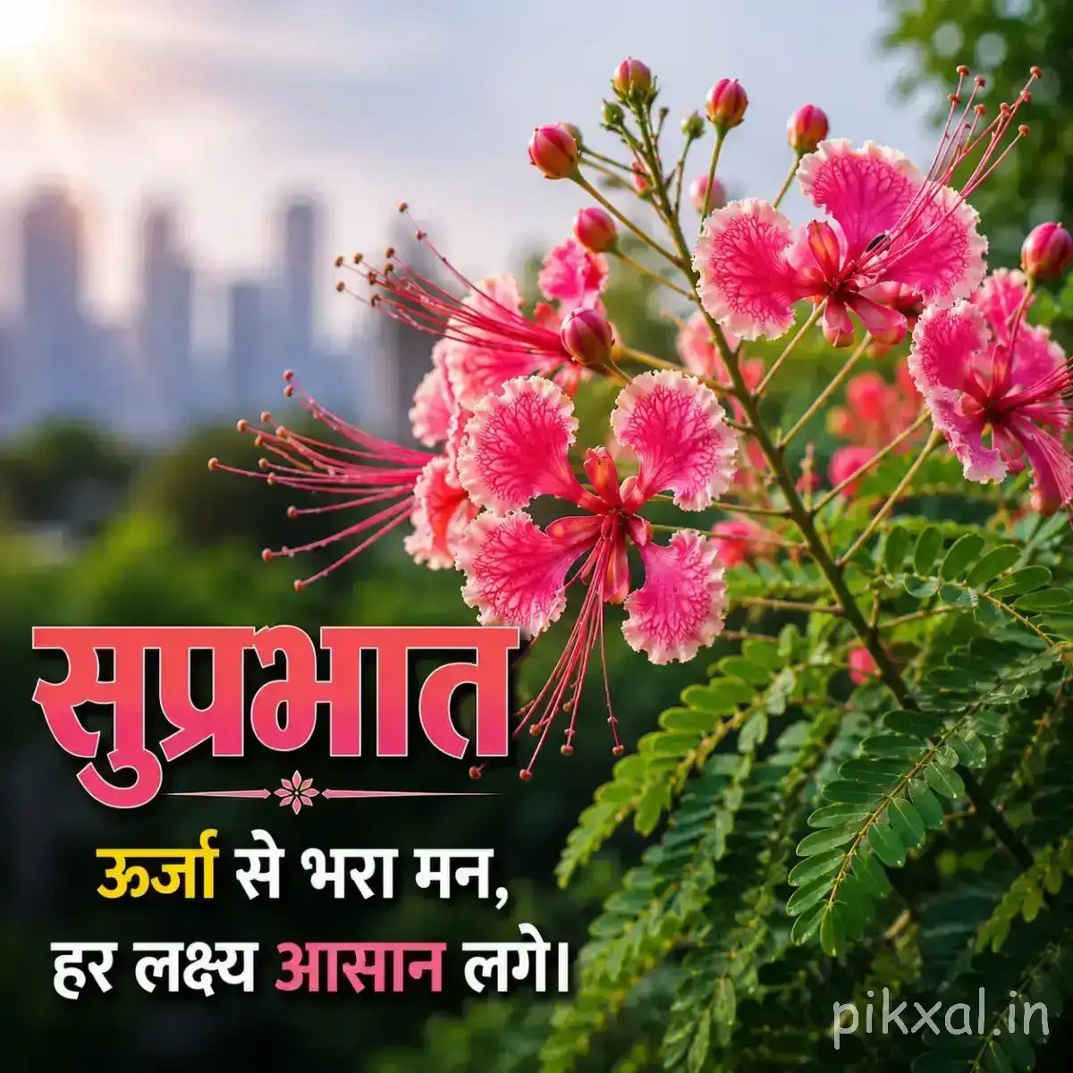Small pink flowers clustered along a leafy branch with a Hindi Good Morning greeting
