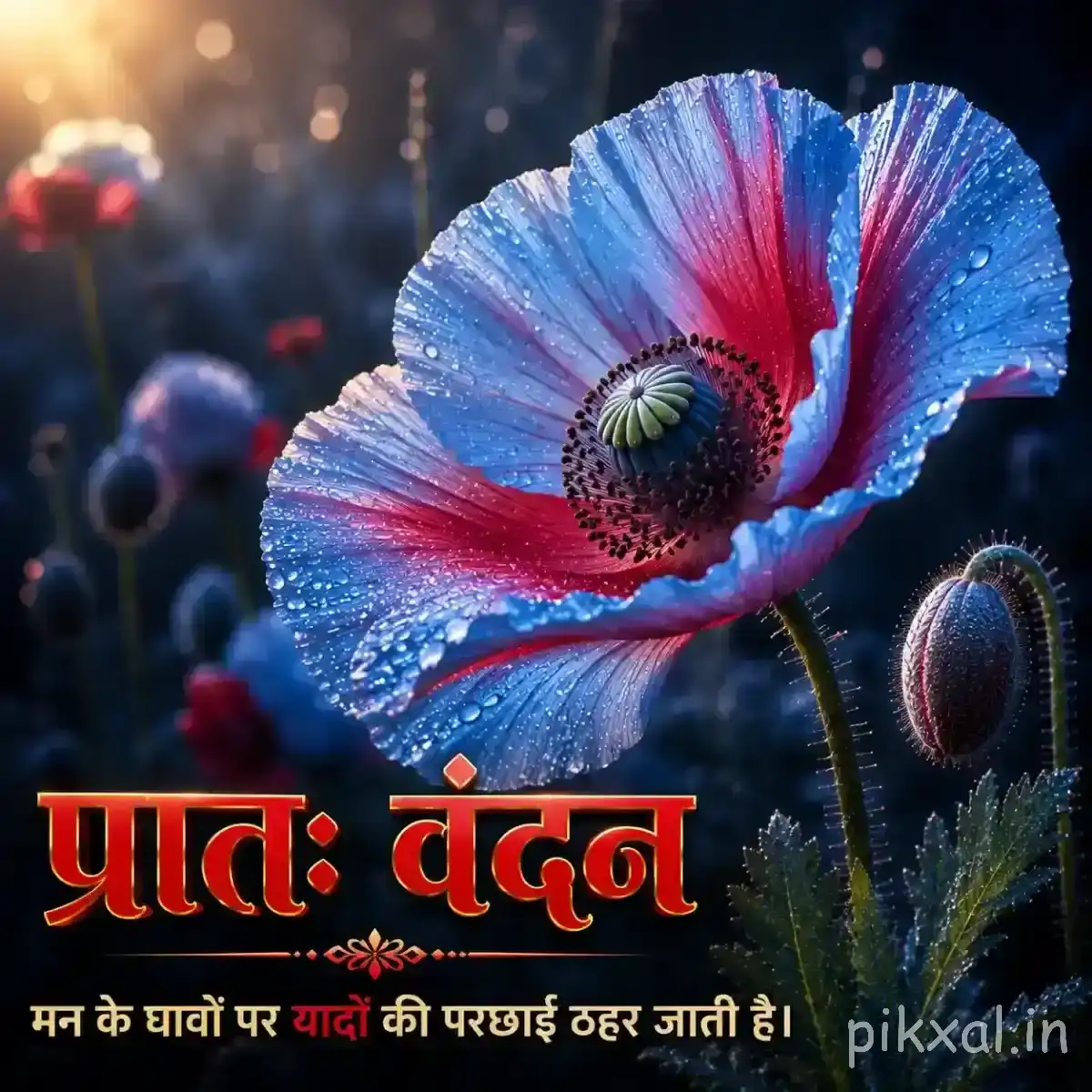 Blue and red wide-open flower with dark center, unopened buds, and a Hindi morning wish