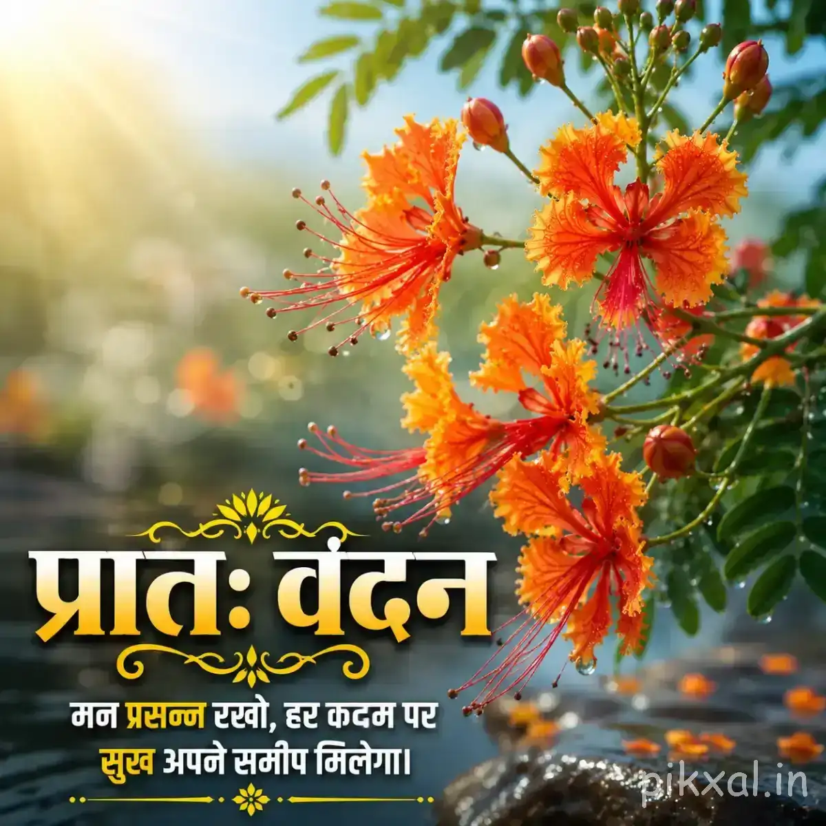 Orange flowers and unopened buds along a leafy branch with a Hindi morning wish