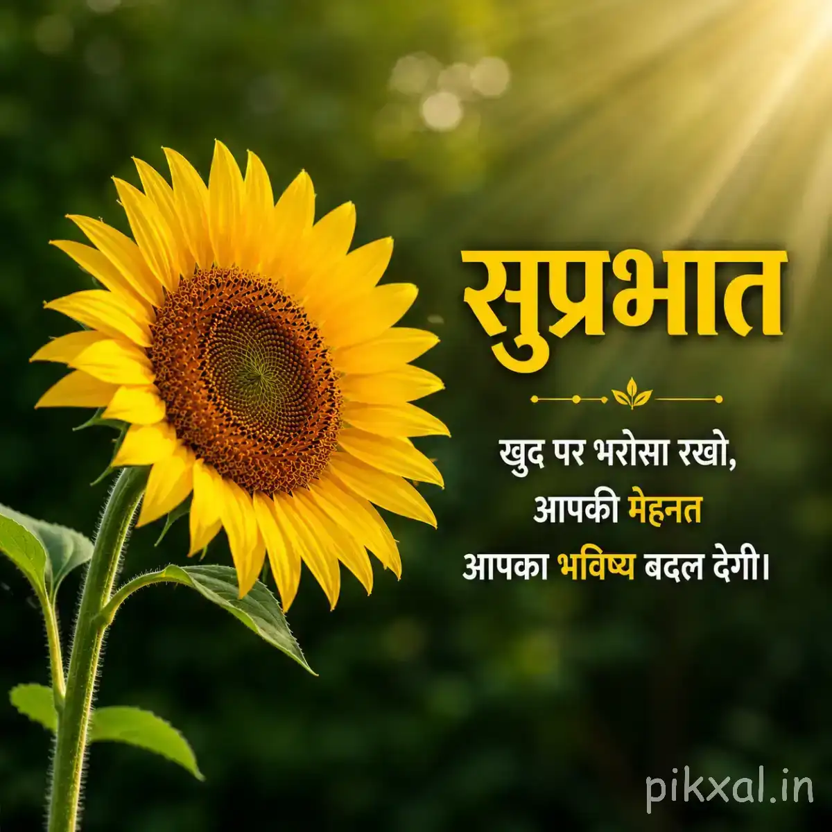 Single yellow flower with a dark center and tall green stem against warm sunlight with a Hindi morning wish