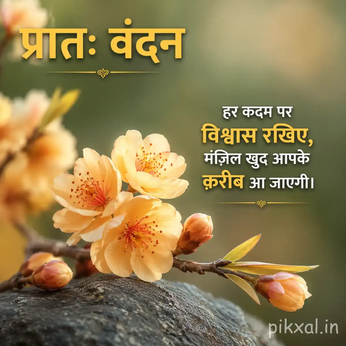 Cream-colored flowers with yellow centers on a slender branch beside a Hindi morning message
