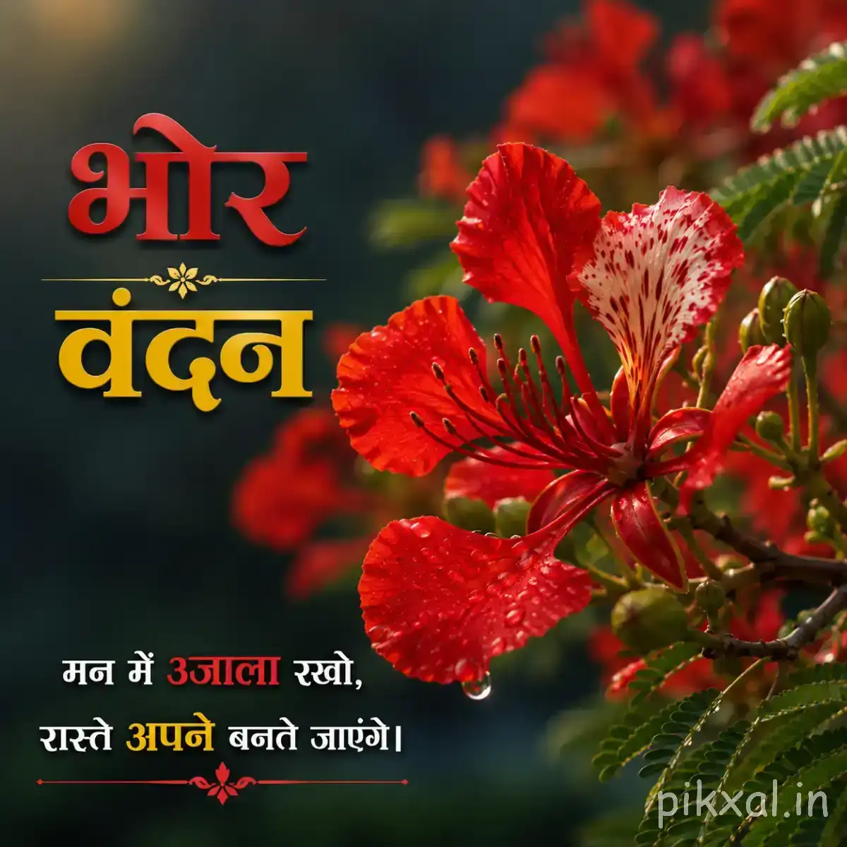 Red flowers with long stamens and green foliage against a dark background with a Hindi morning wish