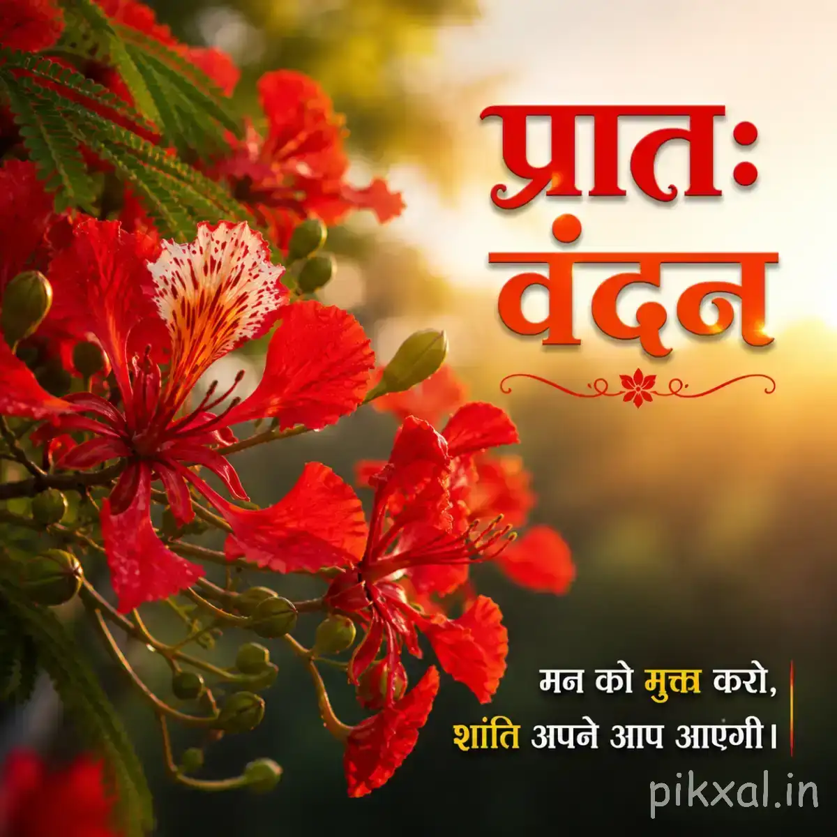 Several red flowers with long stamens and green leaves beside a Hindi morning greeting