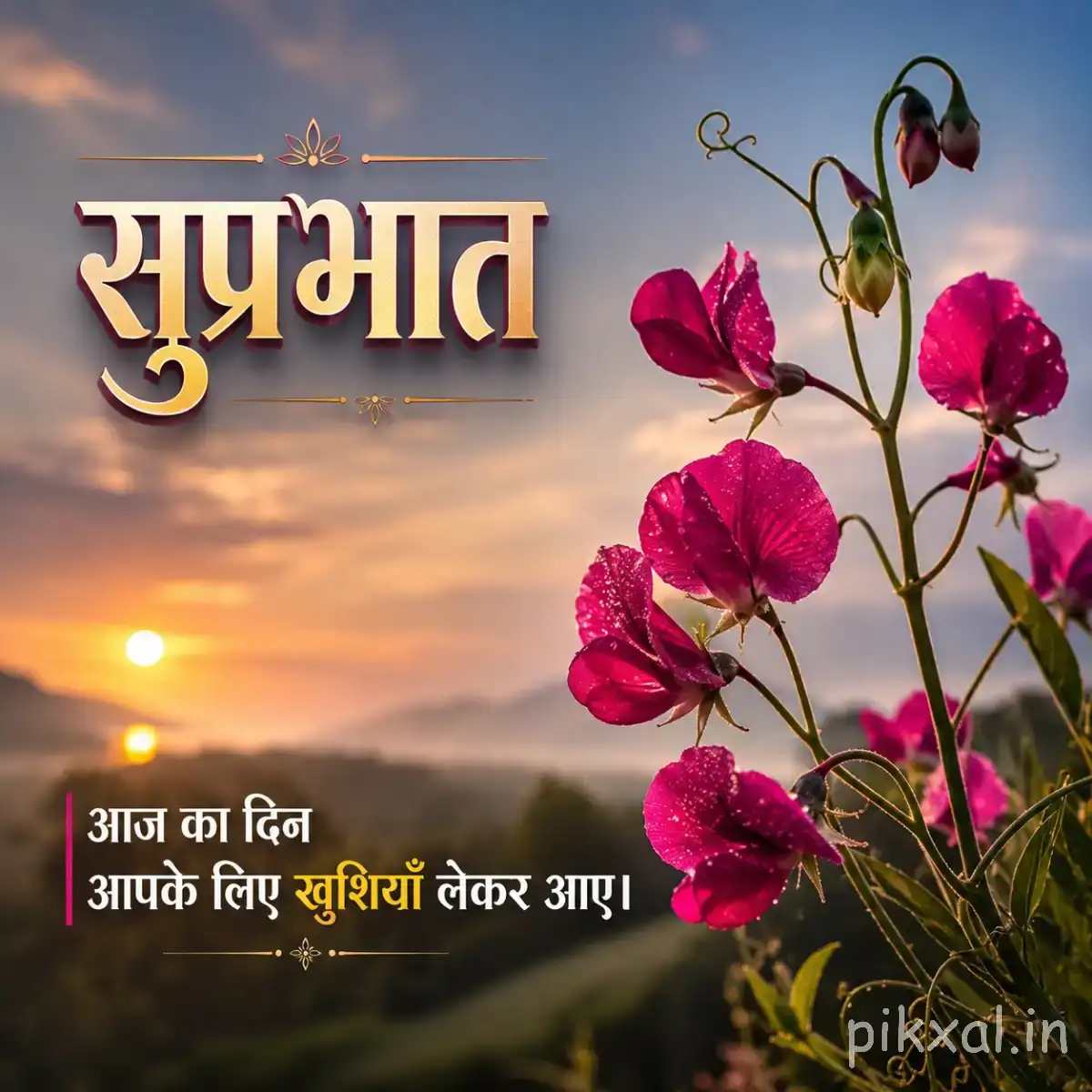 Pink flowers and buds on slender branches against a sunset background with a Hindi Good Morning wish