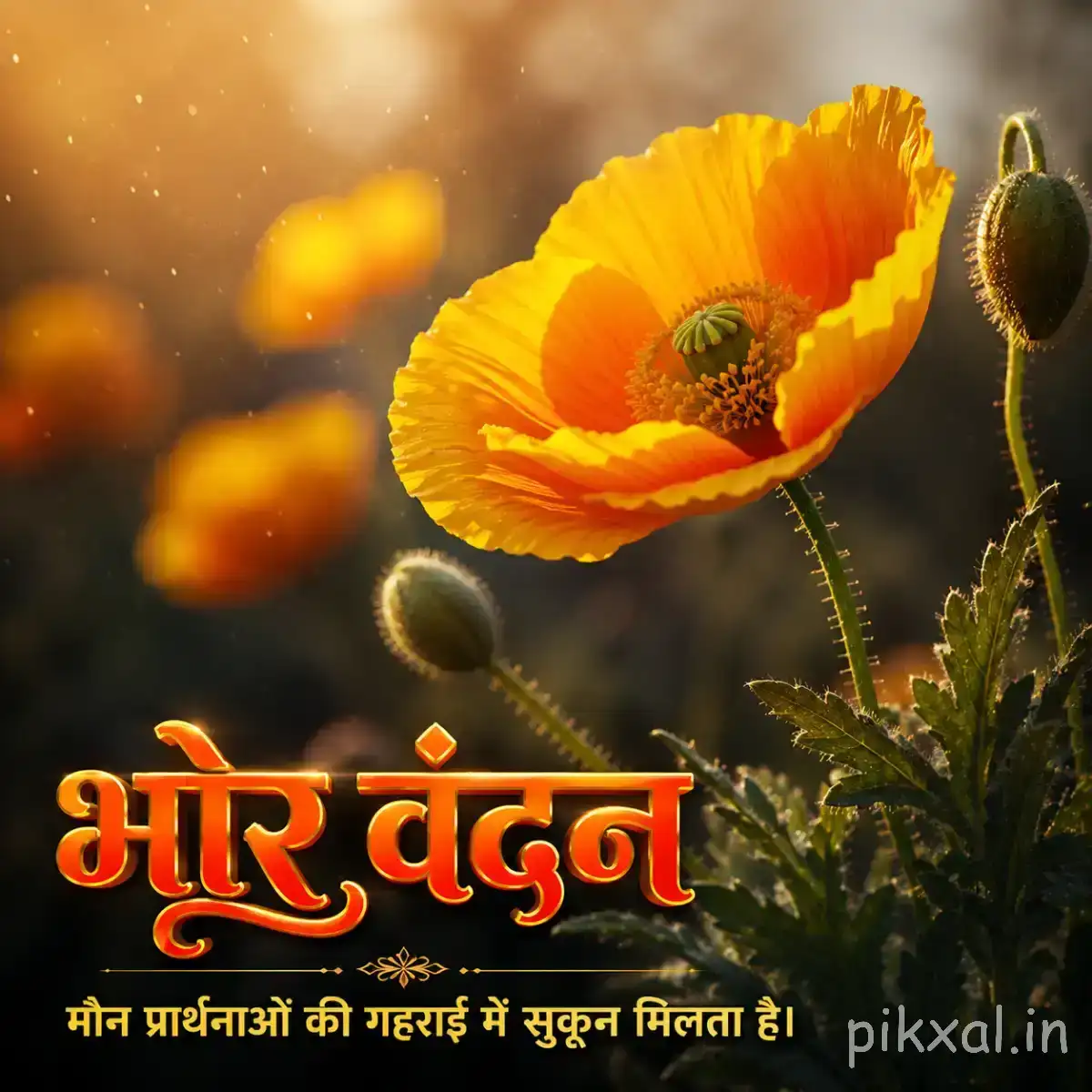 Orange flower with broad overlapping petals and unopened buds against warm sunlight with a Hindi morning greeting