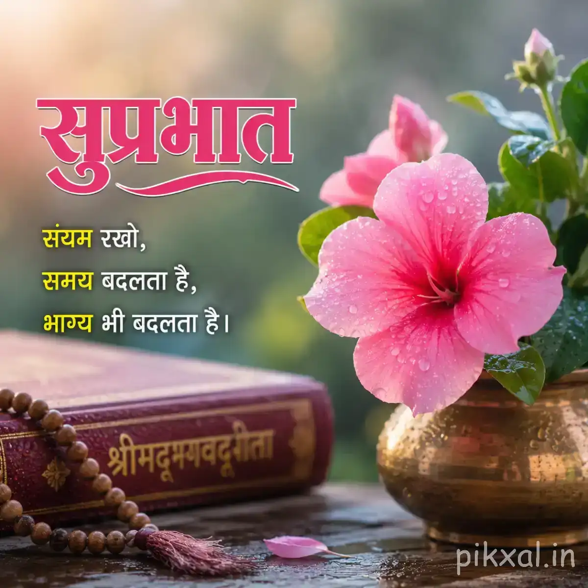 Single pink flower beside a book and prayer beads with a Hindi Good Morning message