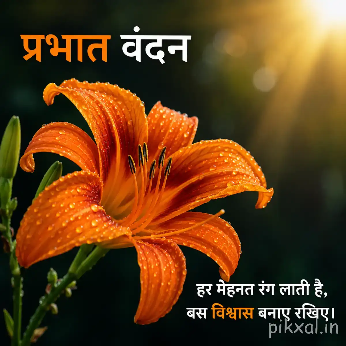 Large orange flower with elongated curling petals and green leaves beside a Hindi morning greeting