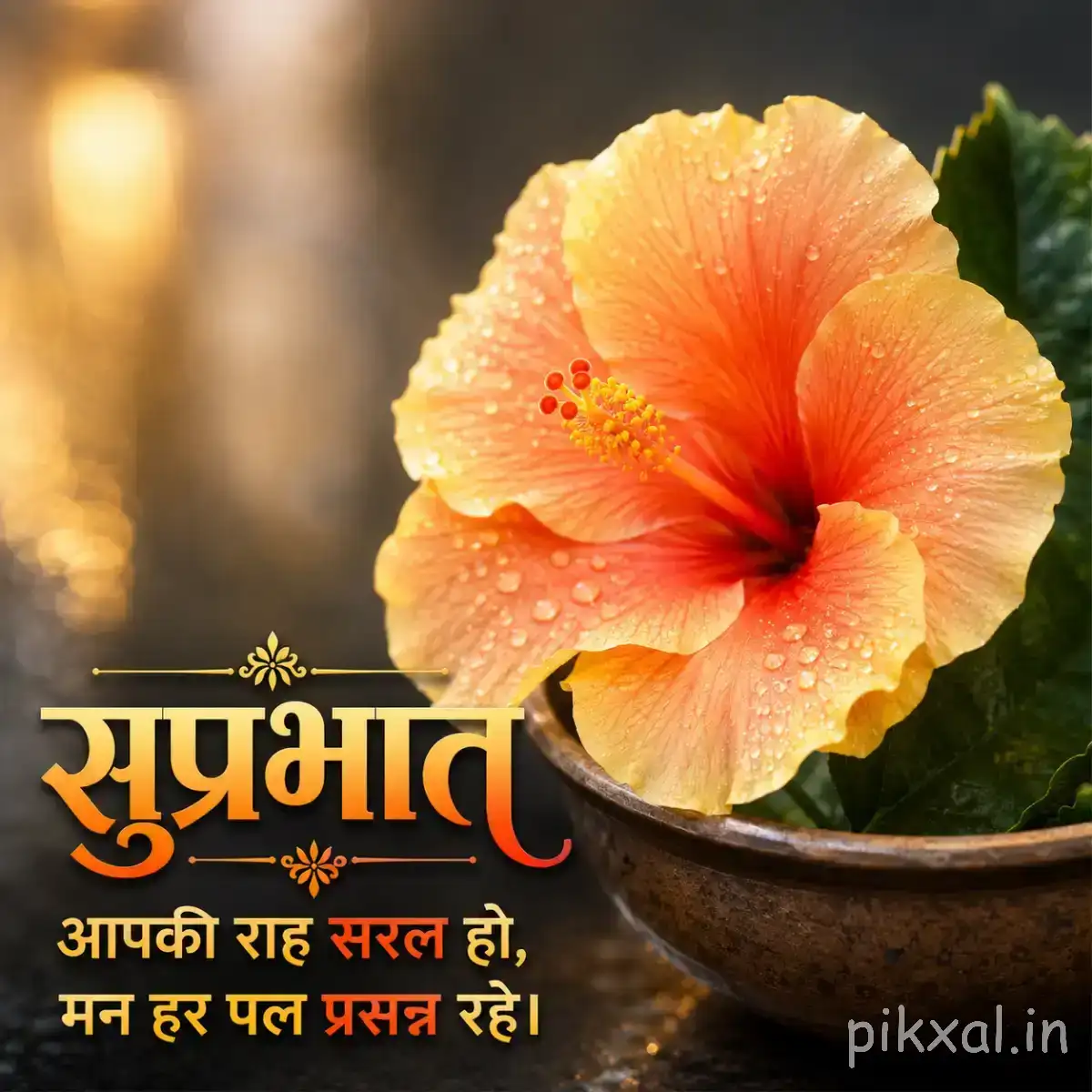 Single peach-colored flower with broad petals and green leaves beside a Hindi Good Morning message