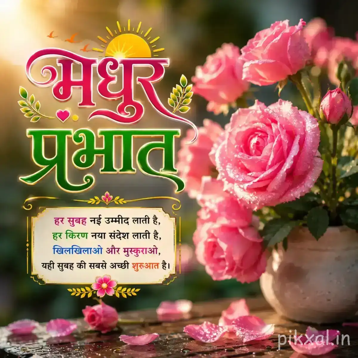 Several pink layered flowers beside a small pot with a Hindi Good Morning message