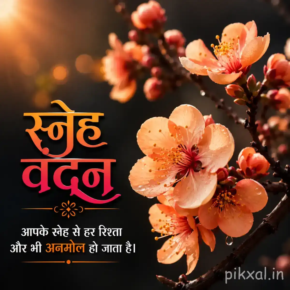 Peach and pale pink flowers arranged along a branch with a Hindi morning wish