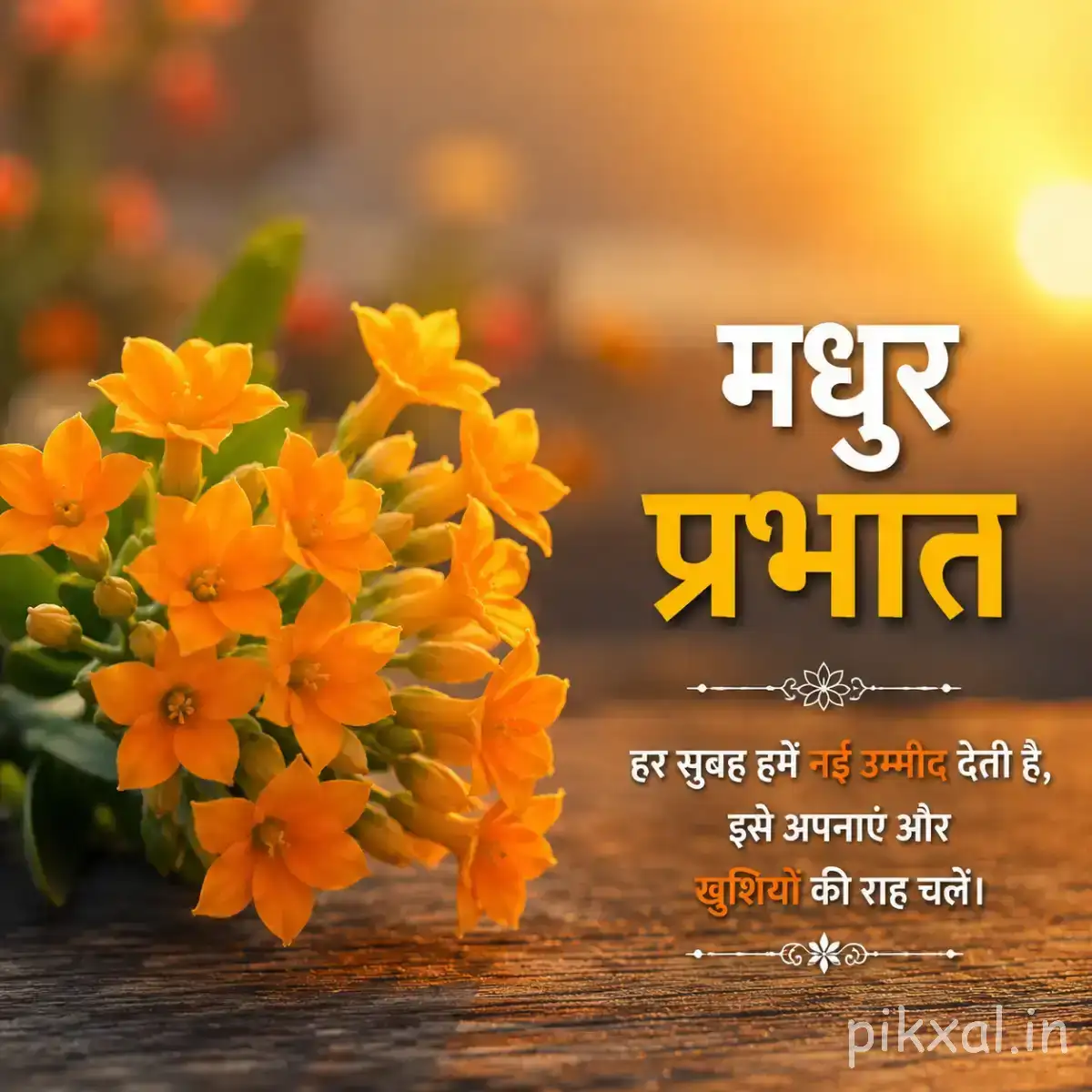 Dense cluster of small orange flowers with green foliage beside a Hindi morning wish