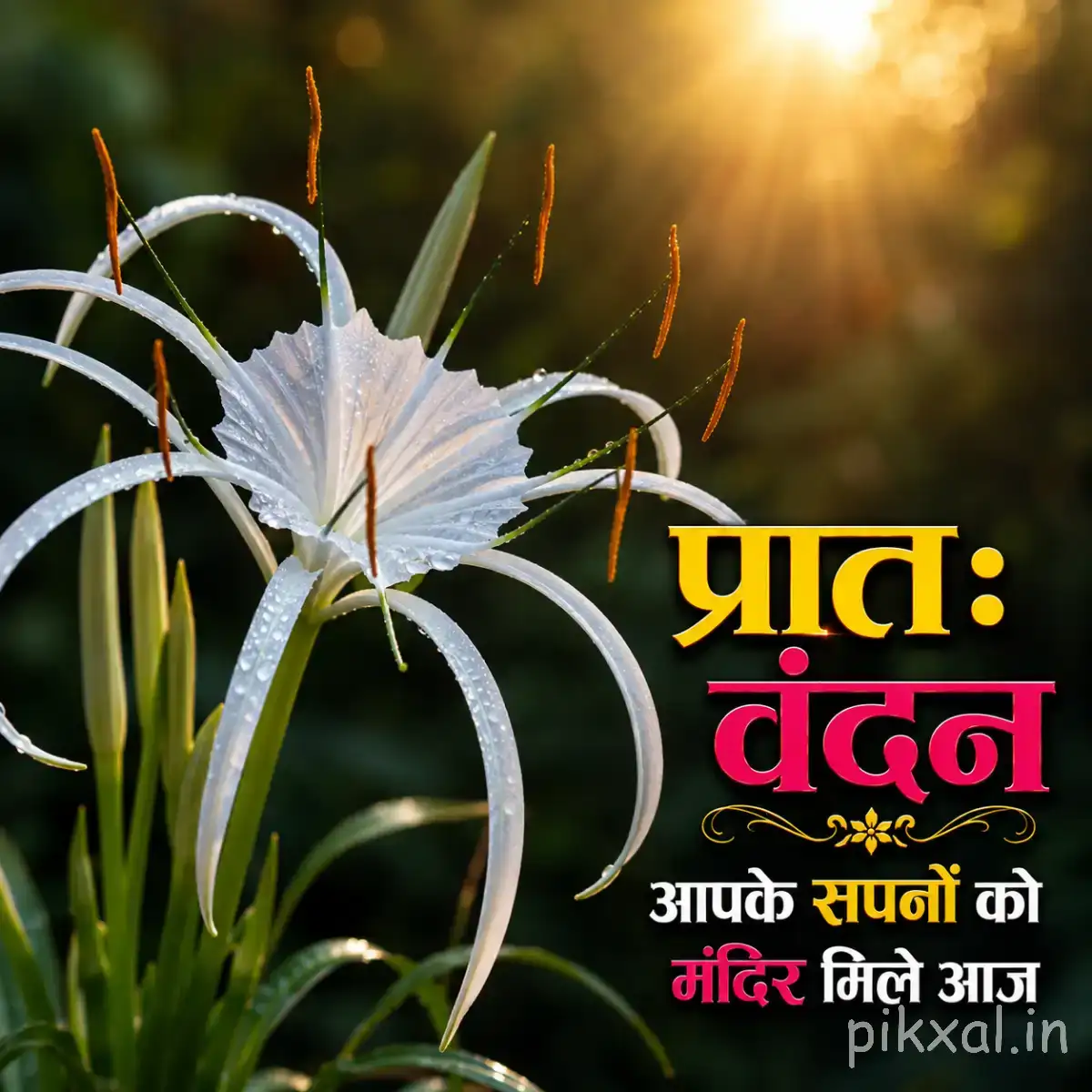 White flowers with long narrow petals and slender stems against warm sunlight with a Hindi morning greeting