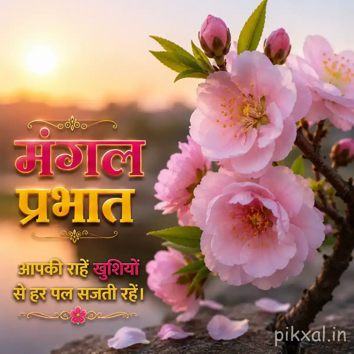 Several pale pink flowers and unopened buds on a flowering branch with a Hindi morning message