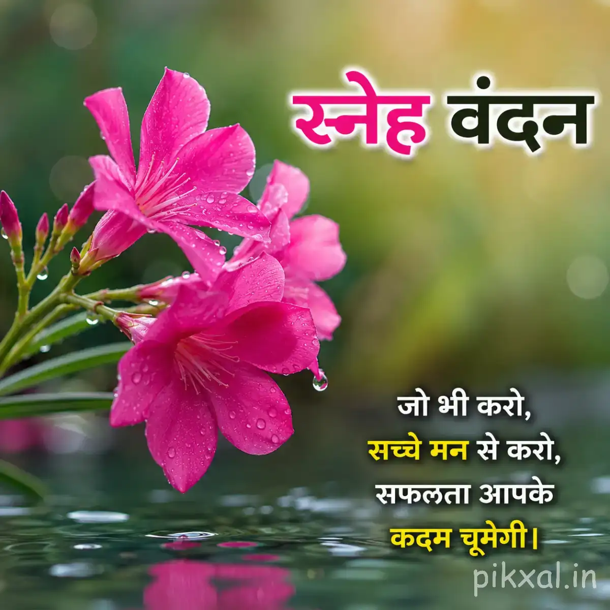 Bright pink flower with pointed petals and green leaves beside reflective water with a Hindi morning greeting
