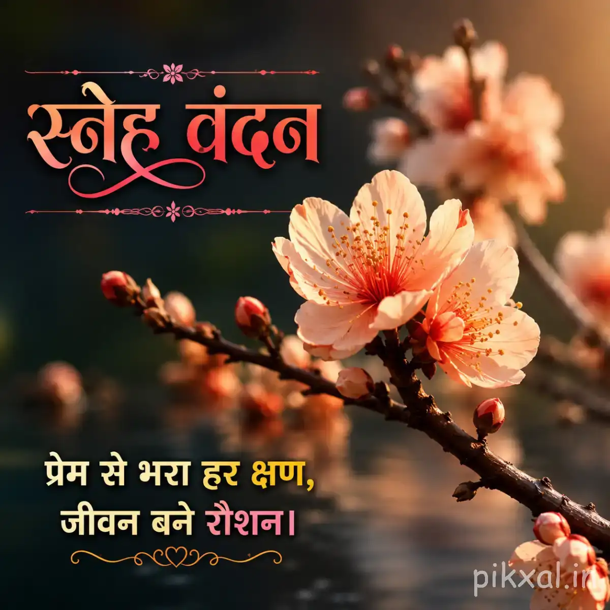 Pale peach flowers with rounded petals on a slender branch against a blurred background with a Hindi morning message