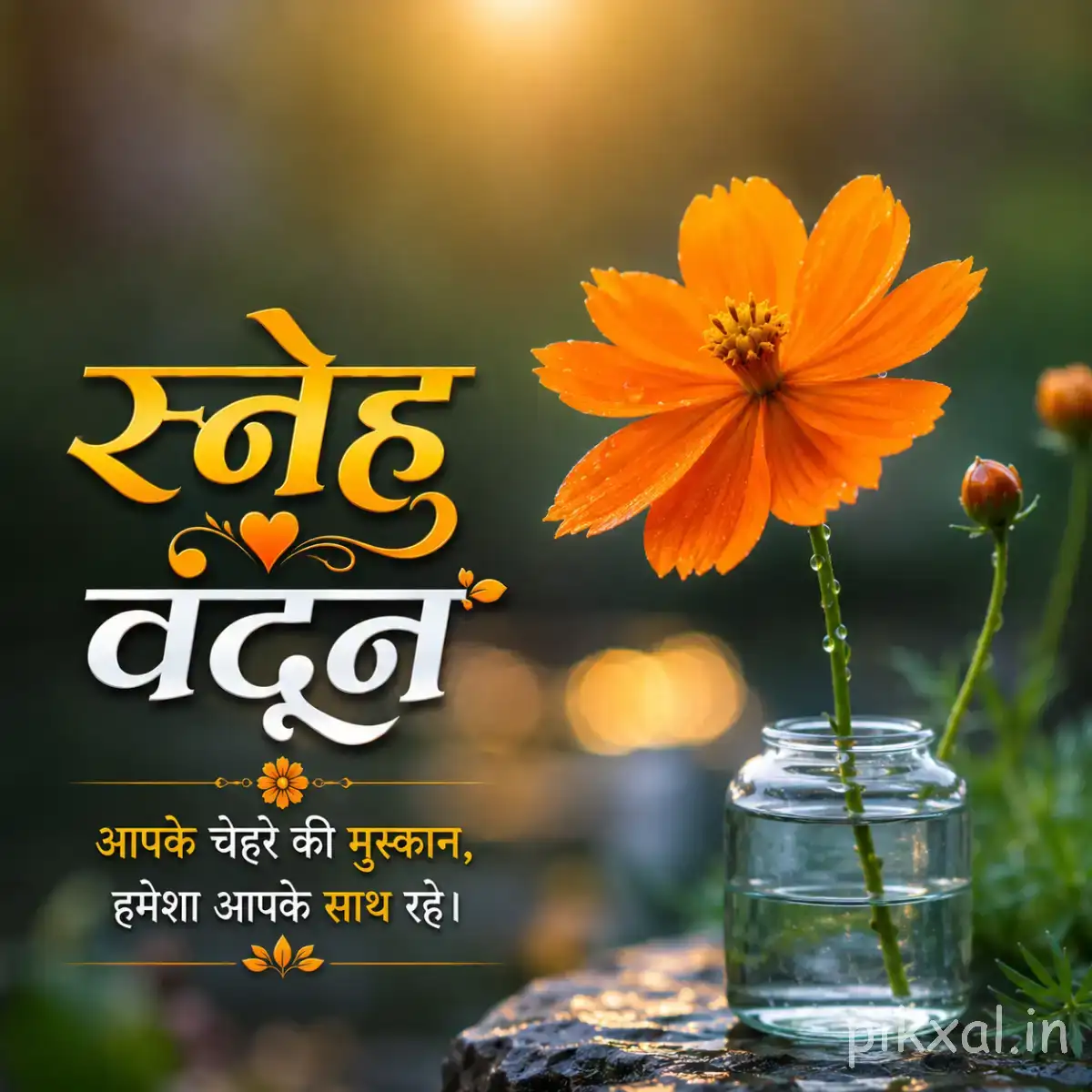 Single orange flower beside a glass jar with warm morning light