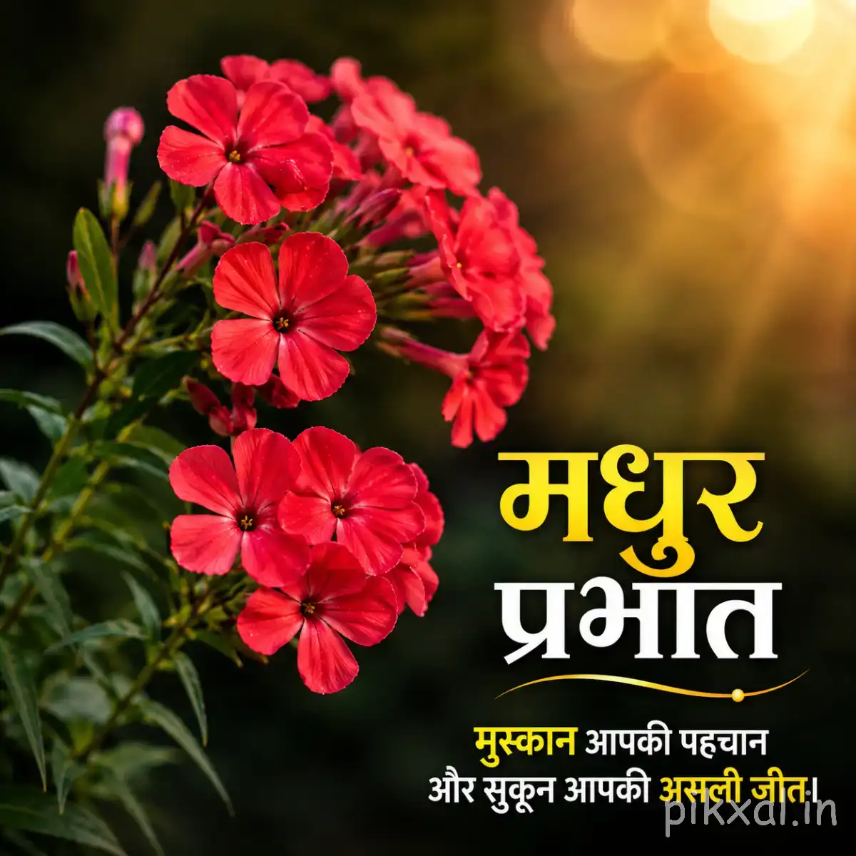 Cluster of small red flowers with green foliage and a Hindi morning wish