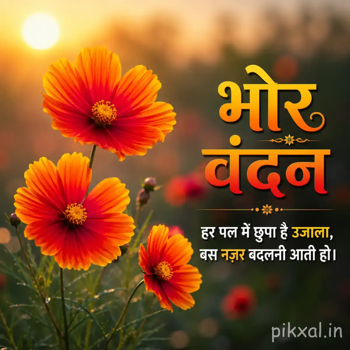 Several orange flowers with dark centers and a Hindi Good Morning greeting