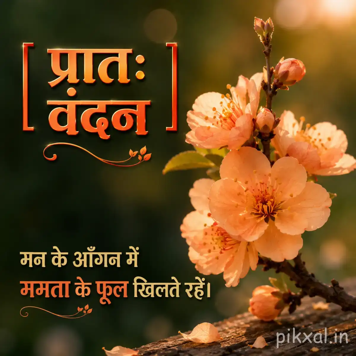 Peach-colored flowers on a flowering branch with a Hindi morning greeting