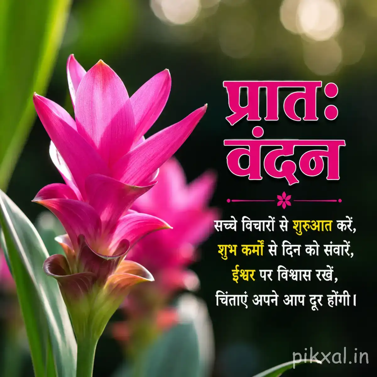 Upright pink flowers with elongated petals and green leaves beside a Hindi morning wish