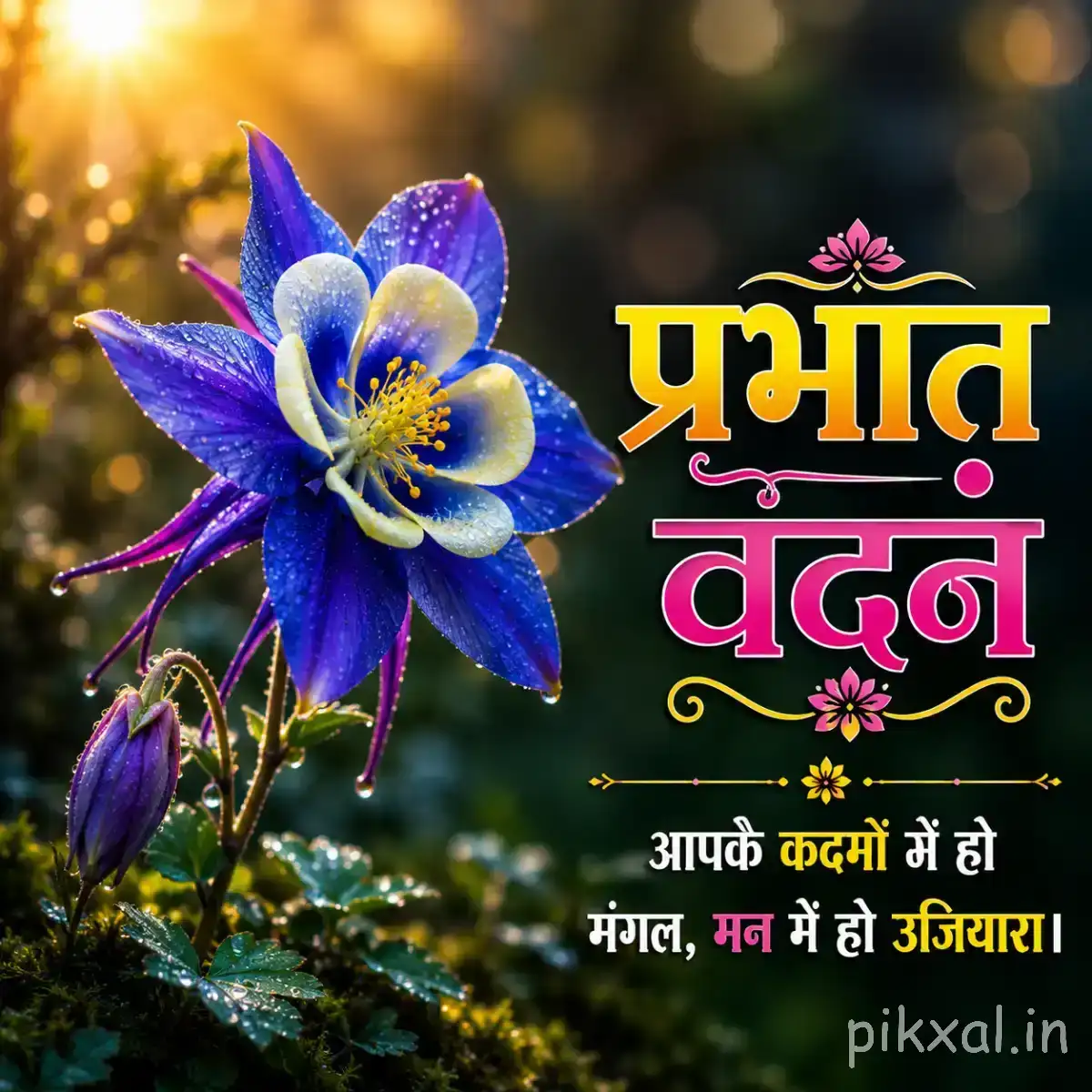Blue flower with narrow pointed petals and green foliage beside a Hindi morning greeting