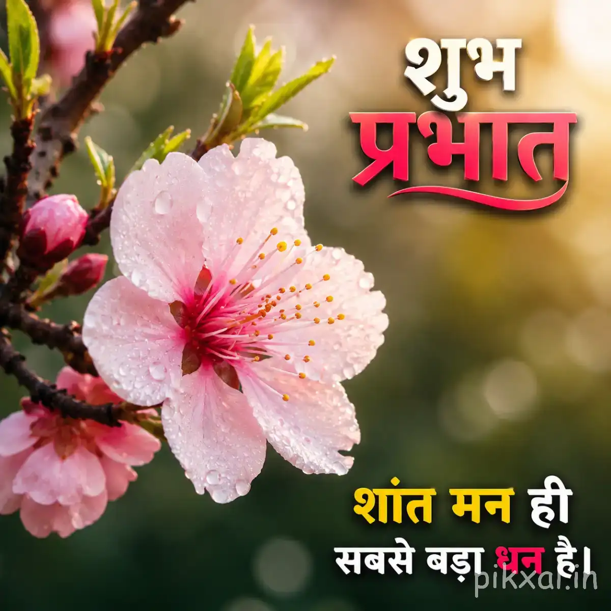 Pale pink flowers with dark centers on a flowering branch and a Hindi Good Morning greeting
