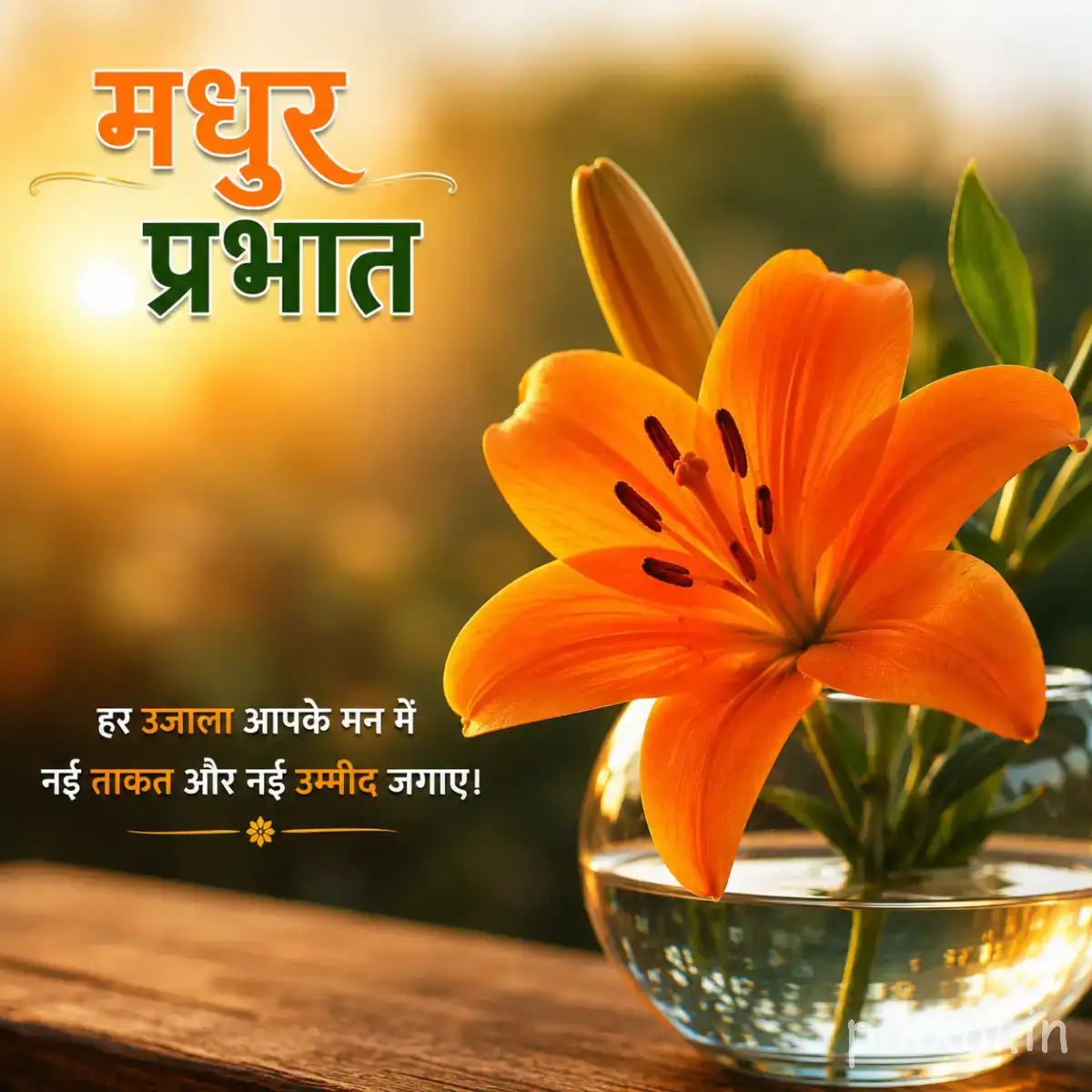 Single orange flower with dark markings in a glass vase beside a Hindi morning wish
