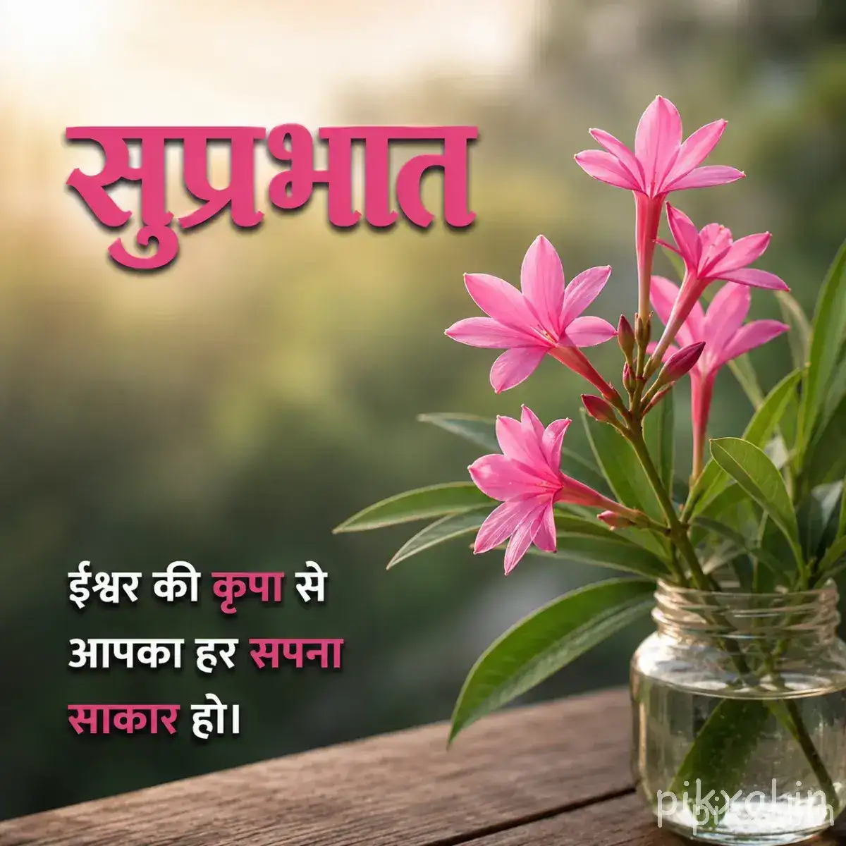 Small pink flowers with green leaves arranged in a clear glass vase