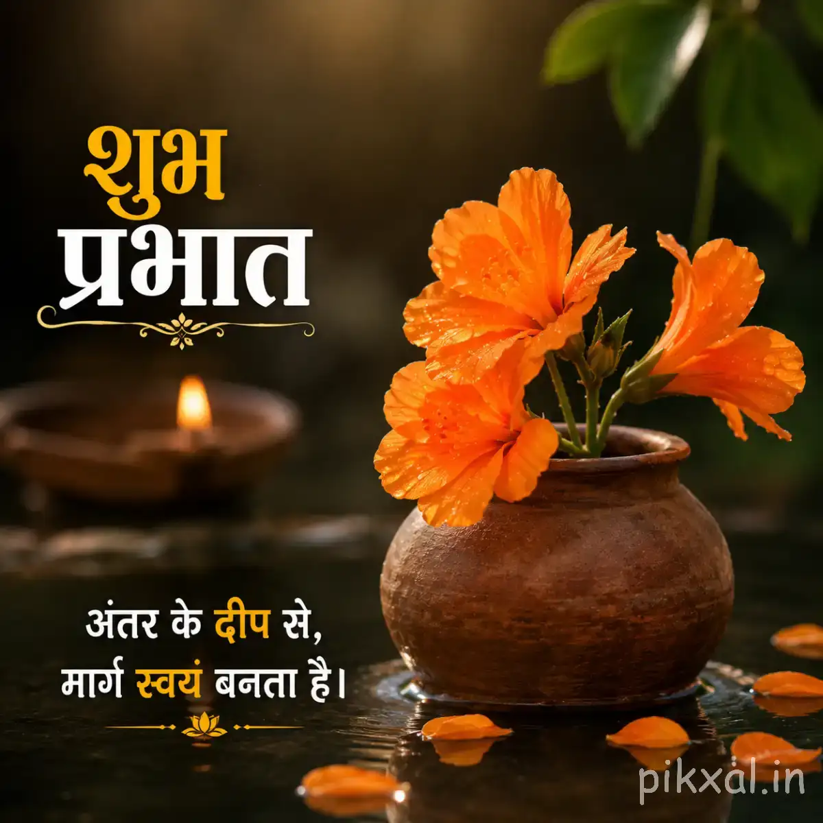Two-three orange flowers in a small brown pot beside a lit candle and Hindi morning greeting