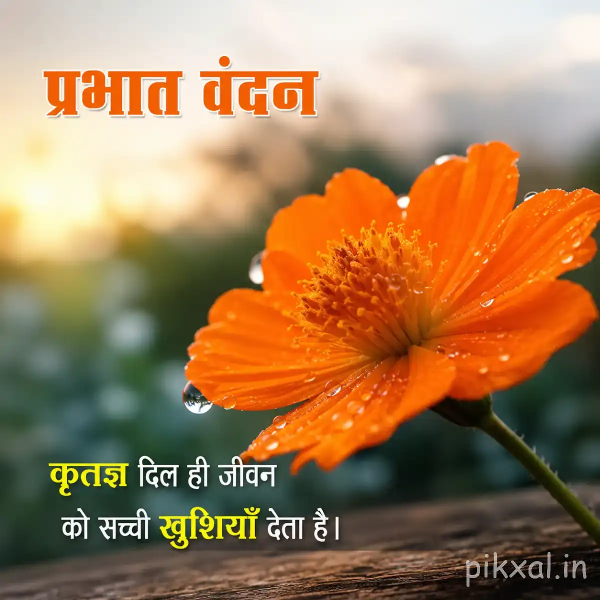 Single orange flower with layered petals and a Hindi morning greeting