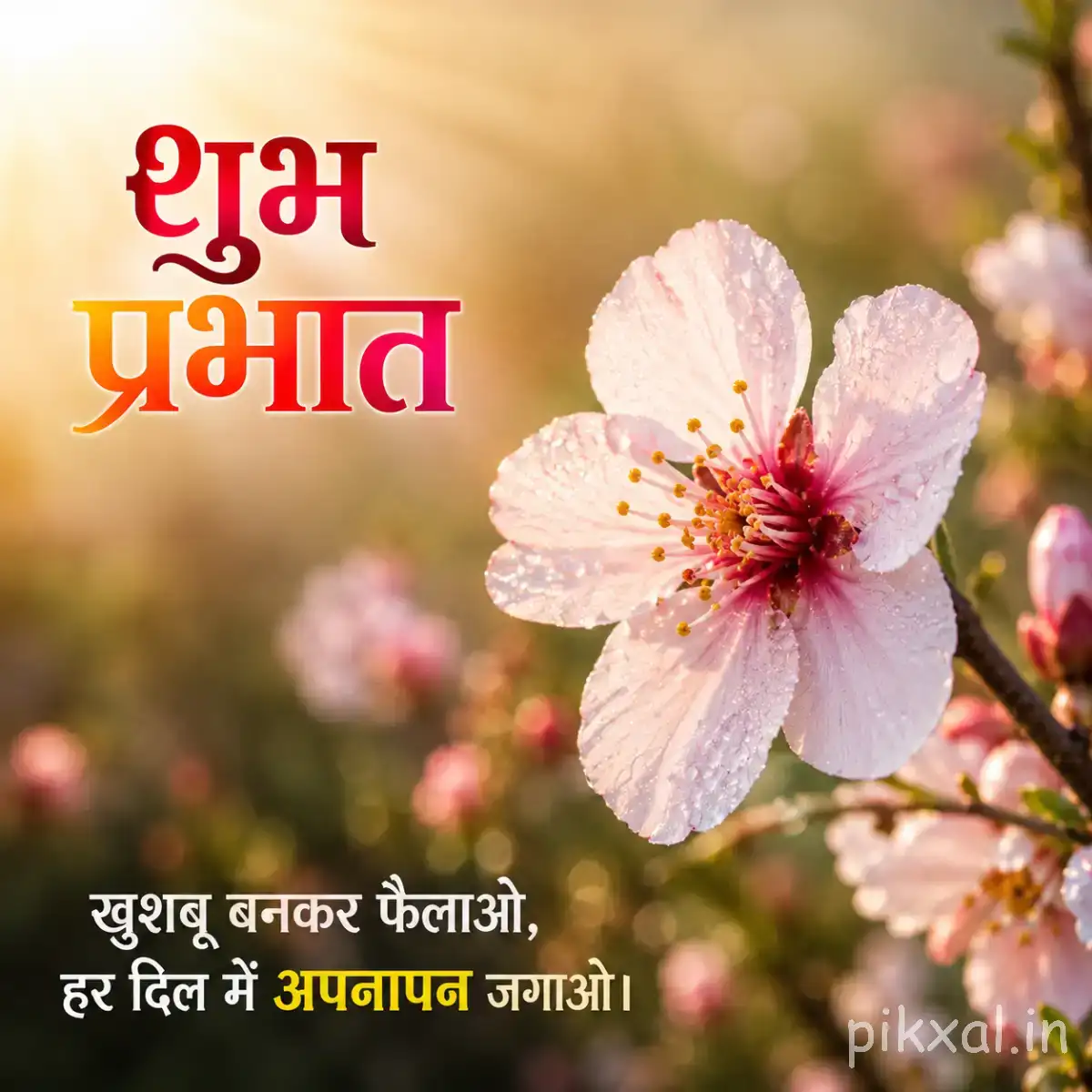 Single pale pink flower with a dark center against softly blurred blossoms and a Hindi morning wish