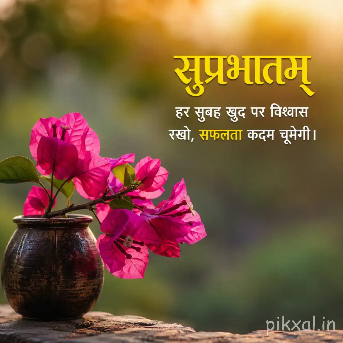 Pink flowers with green leaves arranged in a dark vase against a blurred background