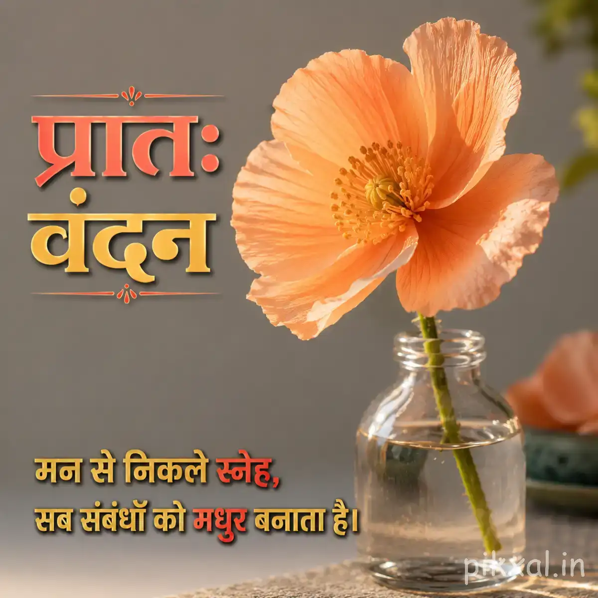 Single peach-colored flower in a clear glass vase with a Hindi morning greeting