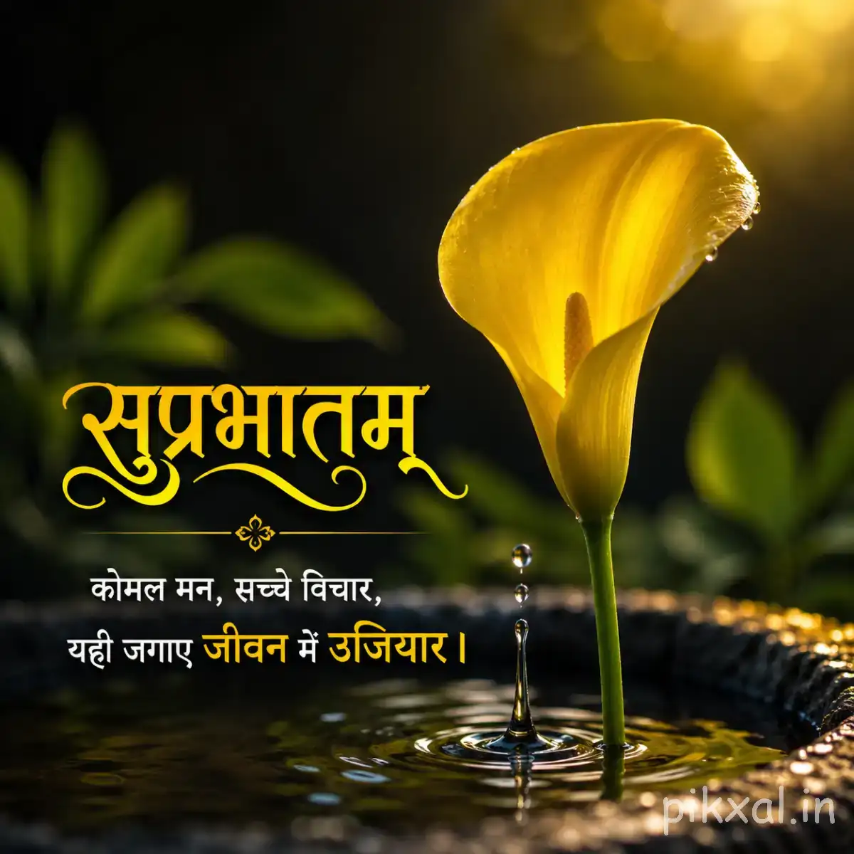 Yellow cup-shaped flower growing beside shallow water with a Hindi Good Morning wish