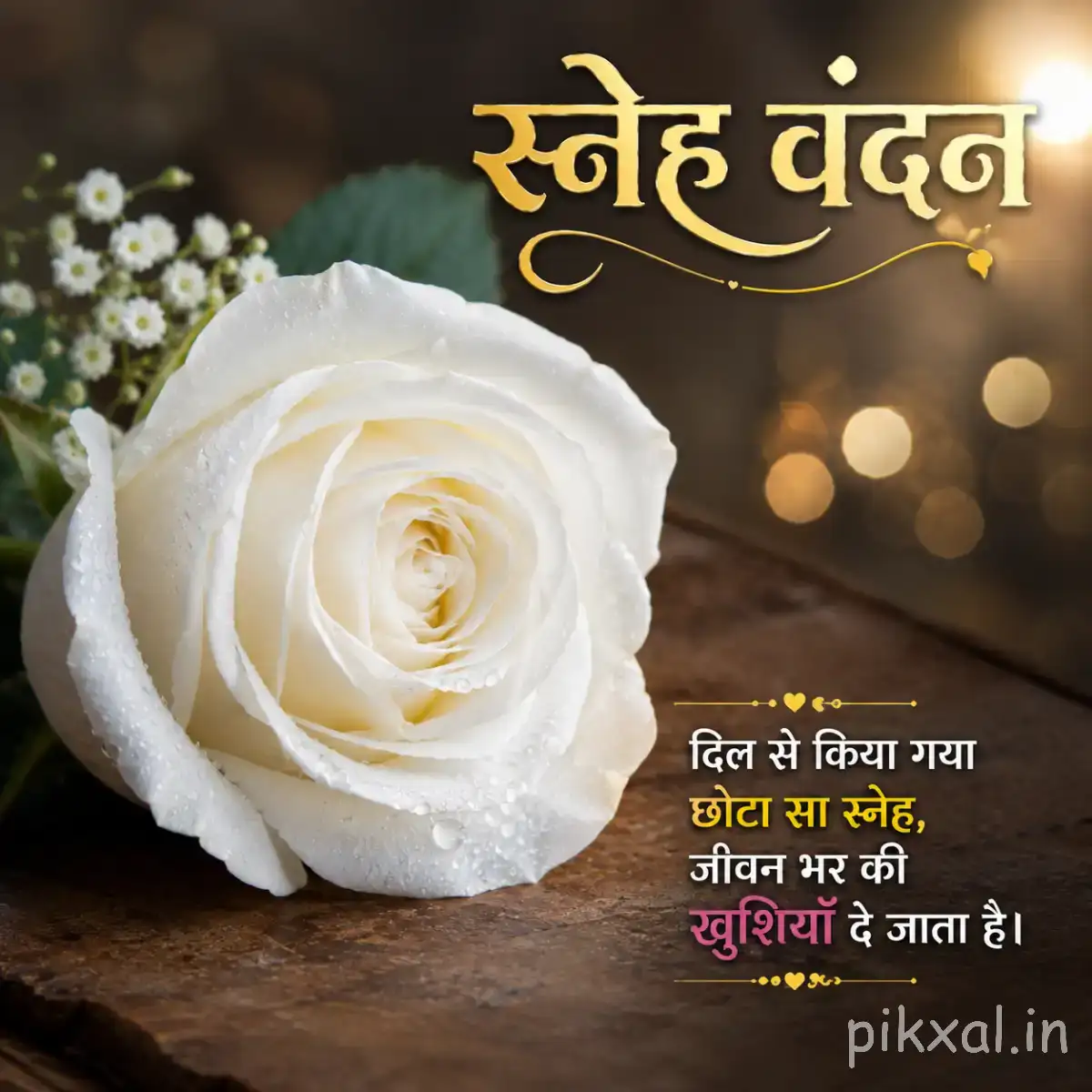 White layered flower resting on a wooden surface with a Hindi morning wish