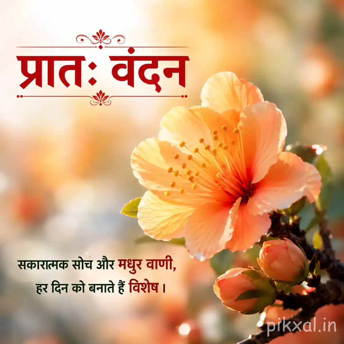 Peach-colored open flowers on a leafy branch with a Hindi morning greeting