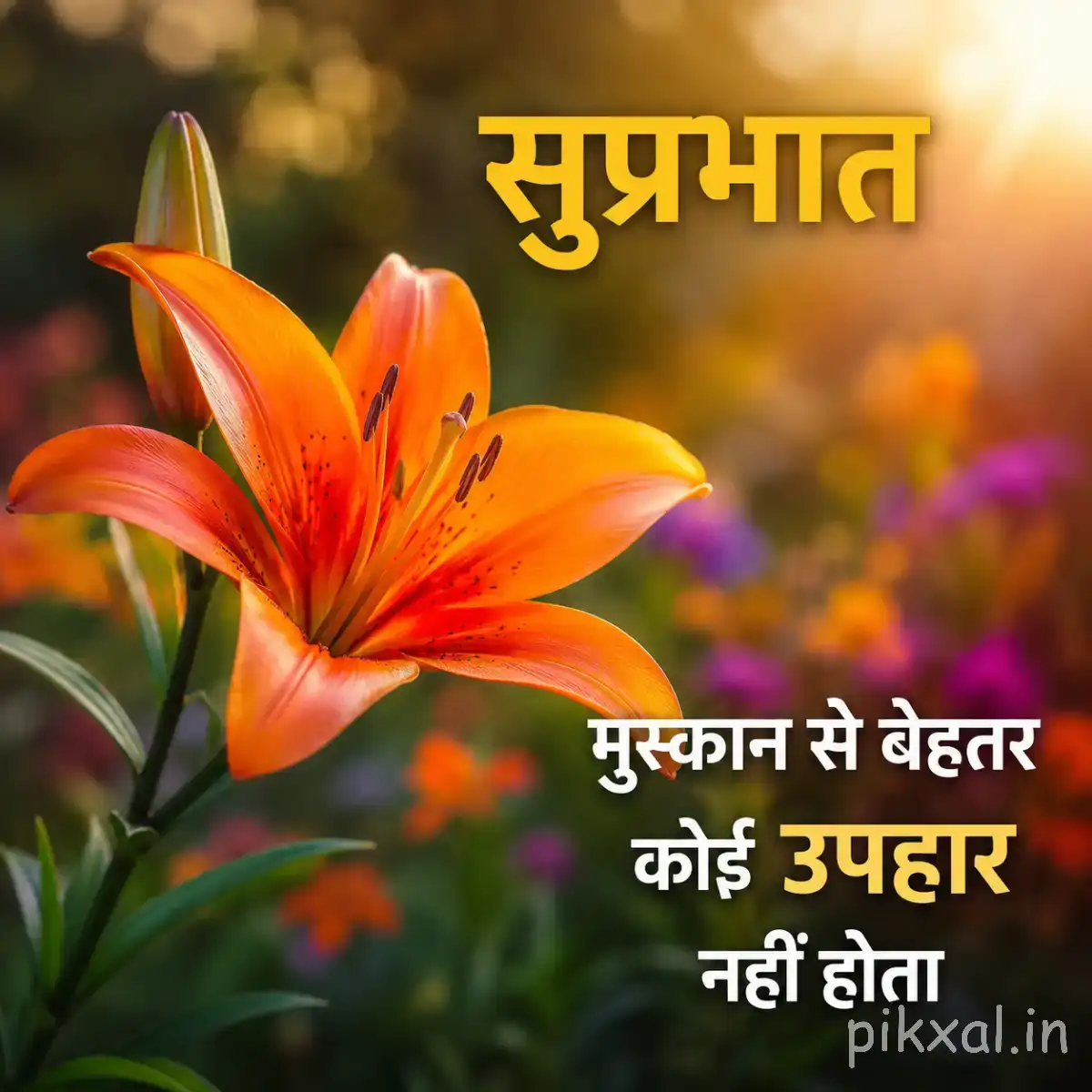 Several orange flowers with narrow petals against blurred greenery and a Hindi Good Morning wish