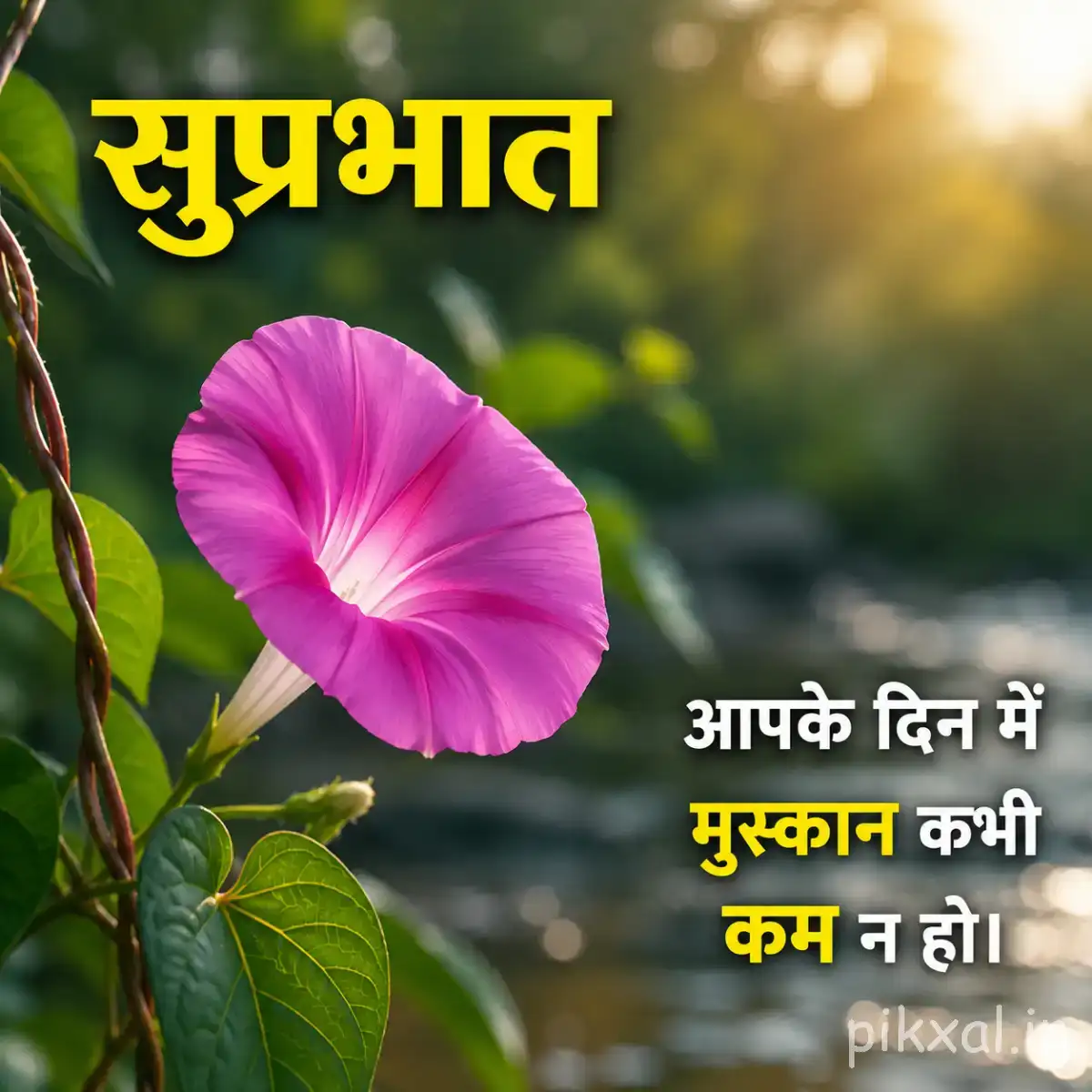 Single pink trumpet-shaped flower with green leaves and a Hindi Good Morning message