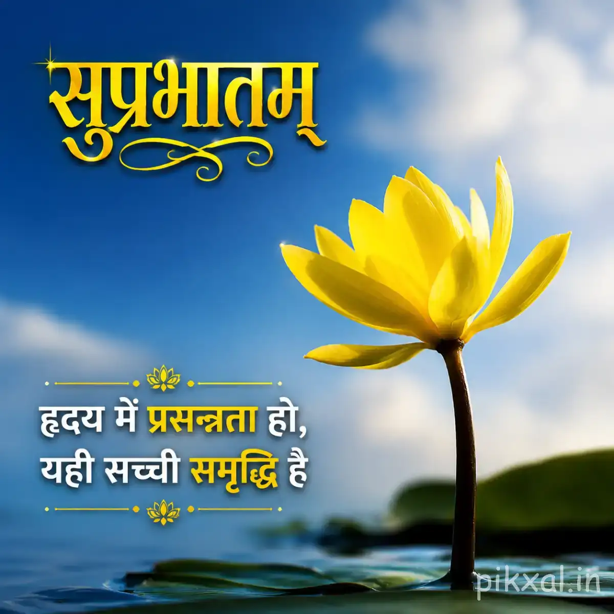 Single yellow flower with elongated petals beside calm water and a Hindi morning wish