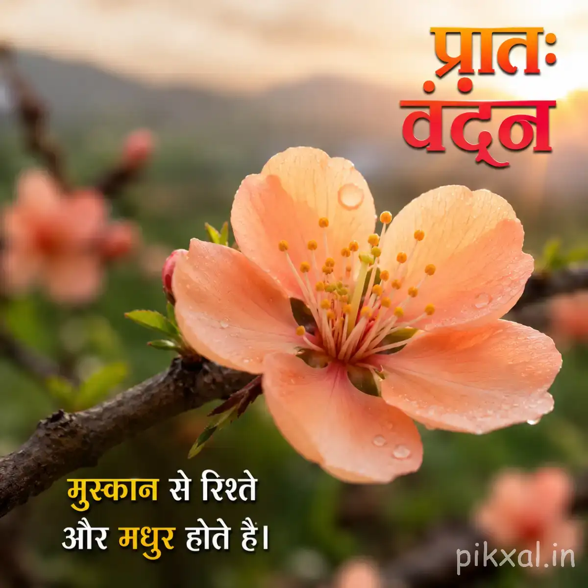Peach-colored flower with layered petals on a flowering branch and a Hindi morning greeting